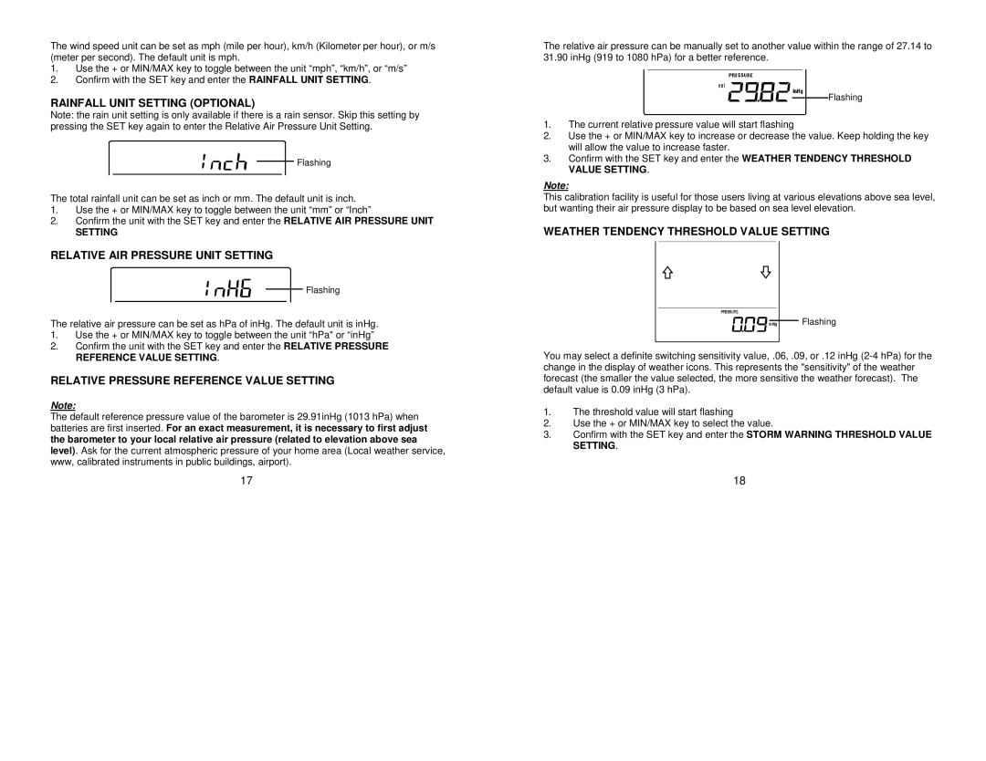 La Crosse Technology WS- 1912 instruction manual Rainfall Unit Setting Optional, Relative AIR Pressure Unit Setting 