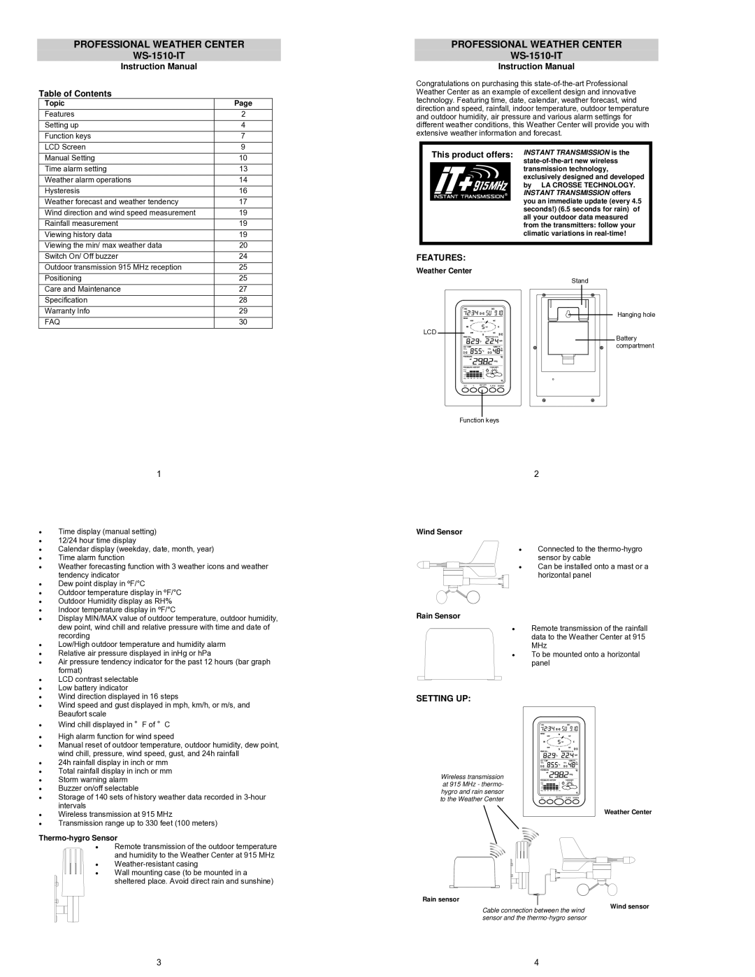 La Crosse Technology WS-1510-IT instruction manual Table of Contents, Features, Setting UP 