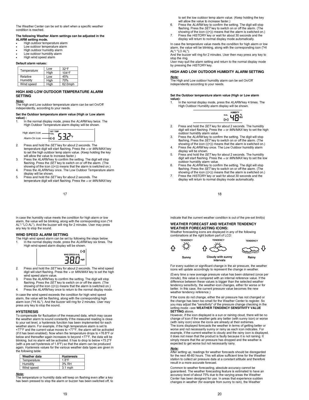 La Crosse Technology WS-1510-IT High and LOW Outdoor Temperature Alarm Setting, Wind Speed Alarm Setting, Hysteresis 
