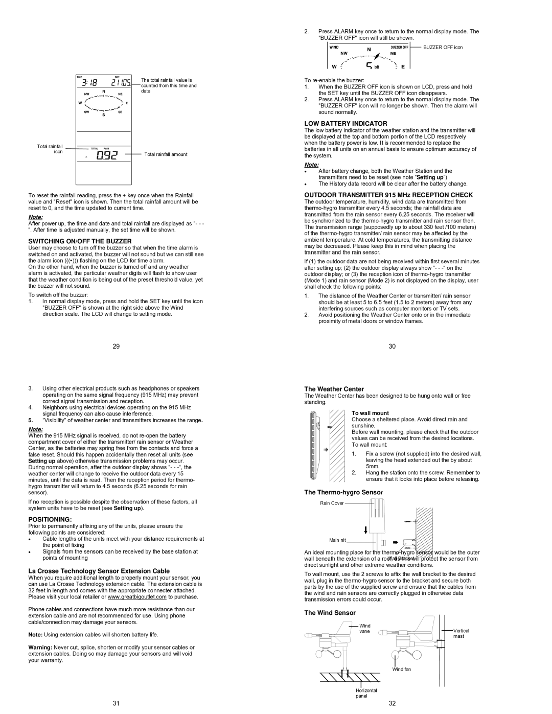 La Crosse Technology WS-1510-IT instruction manual LOW Battery Indicator, Switching ON/OFF the Buzzer, Positioning 