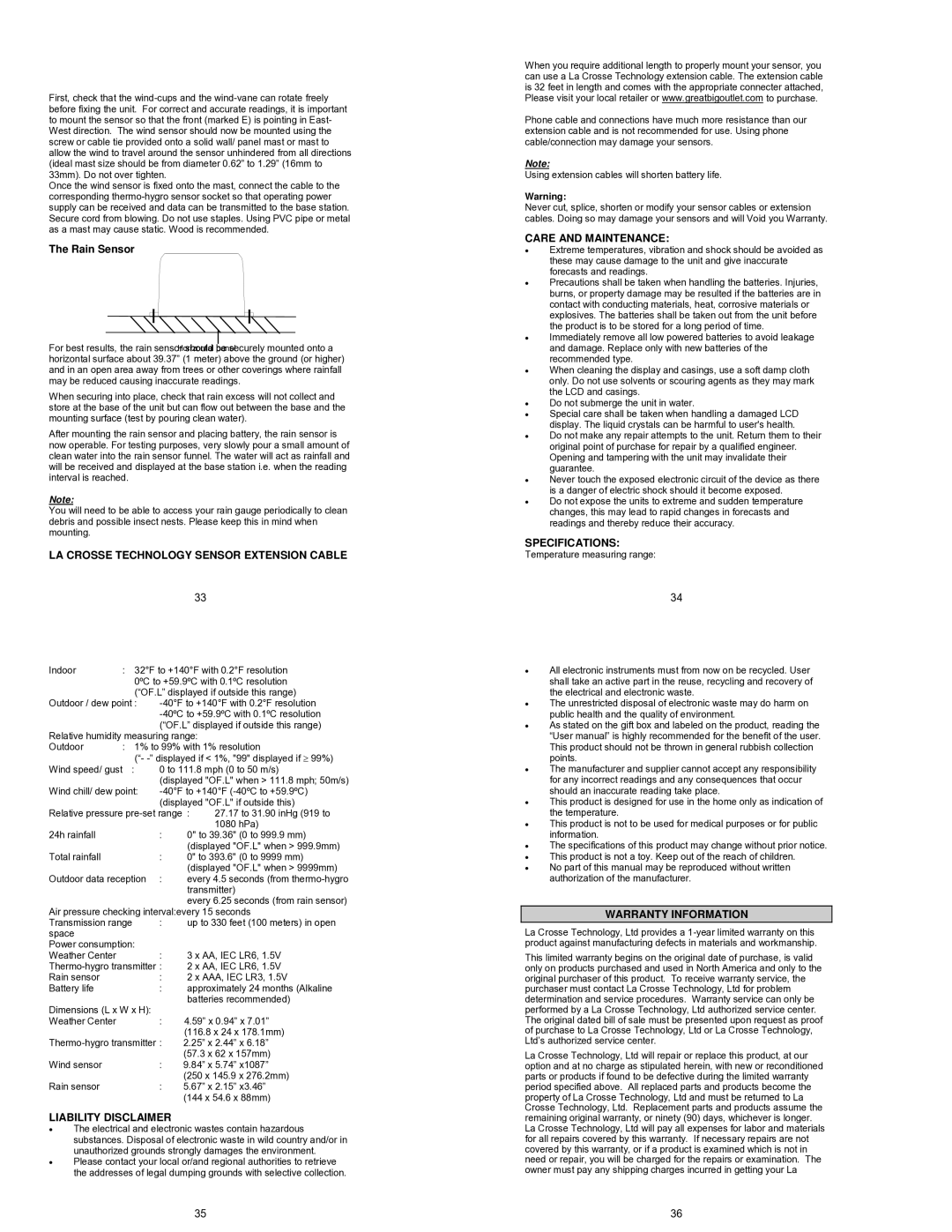 La Crosse Technology WS-1510-IT LA Crosse Technology Sensor Extension Cable, Liability Disclaimer, Care and Maintenance 