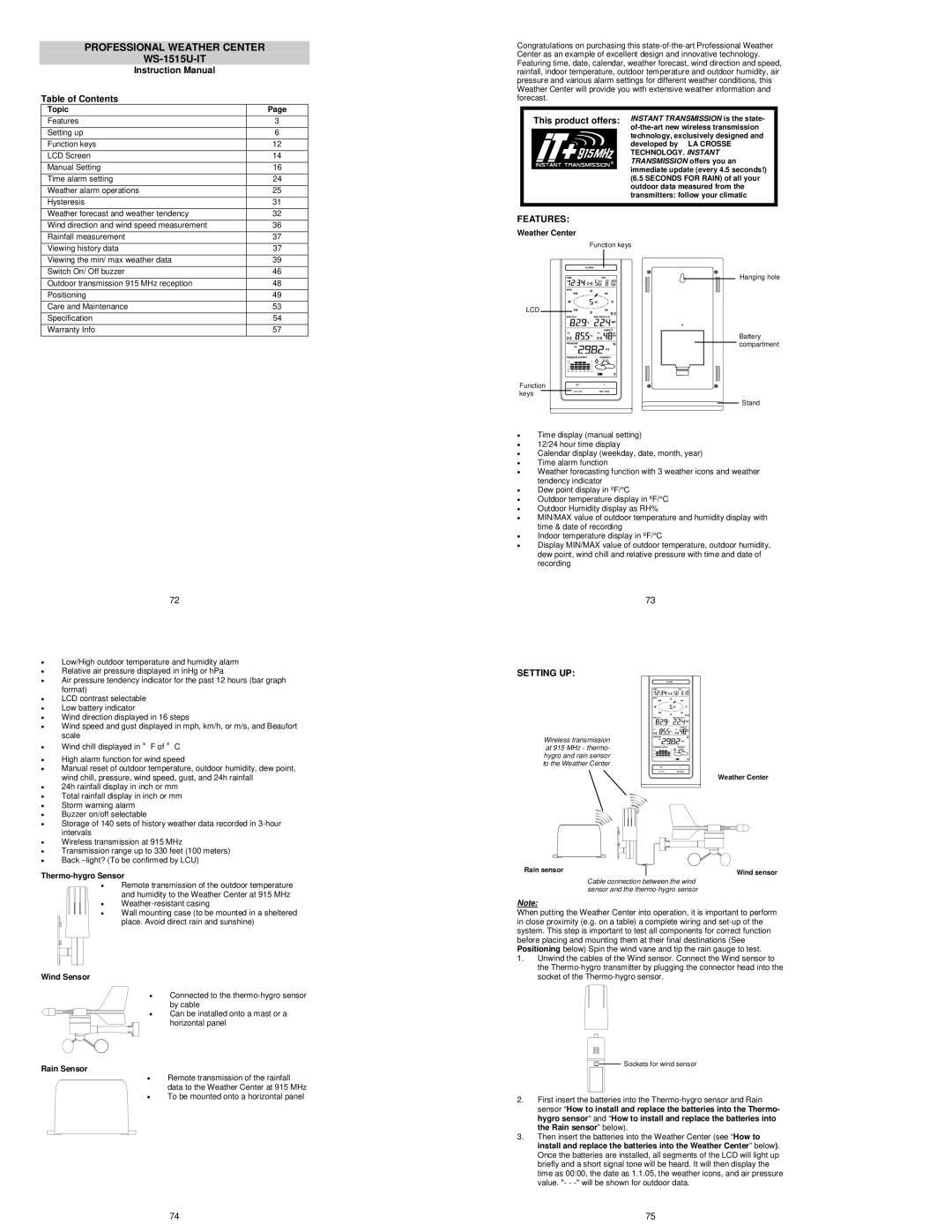 La Crosse Technology WS-1515U-IT instruction manual Table of Contents, Features, Setting UP 