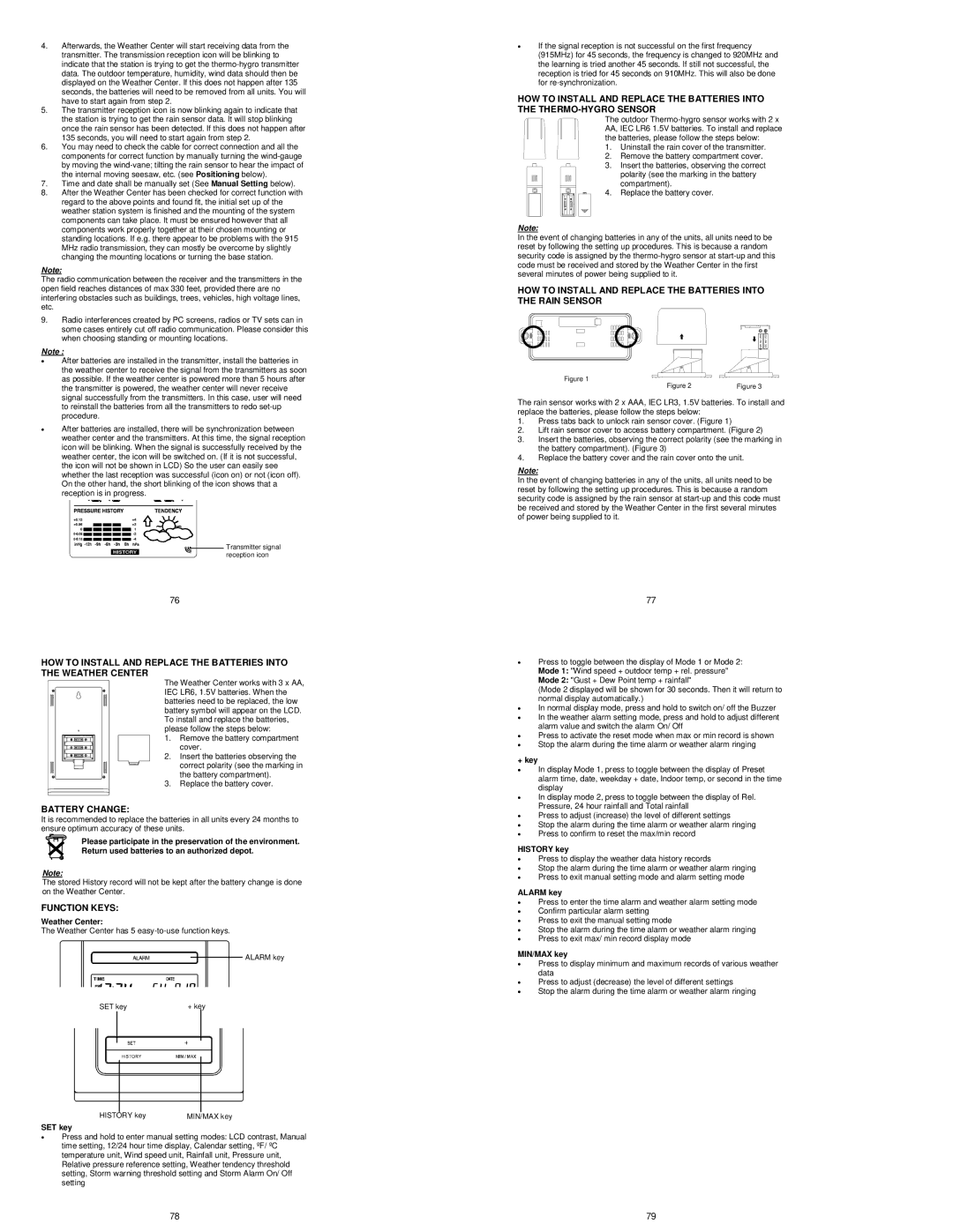 La Crosse Technology WS-1515U-IT instruction manual Battery Change, Function Keys 