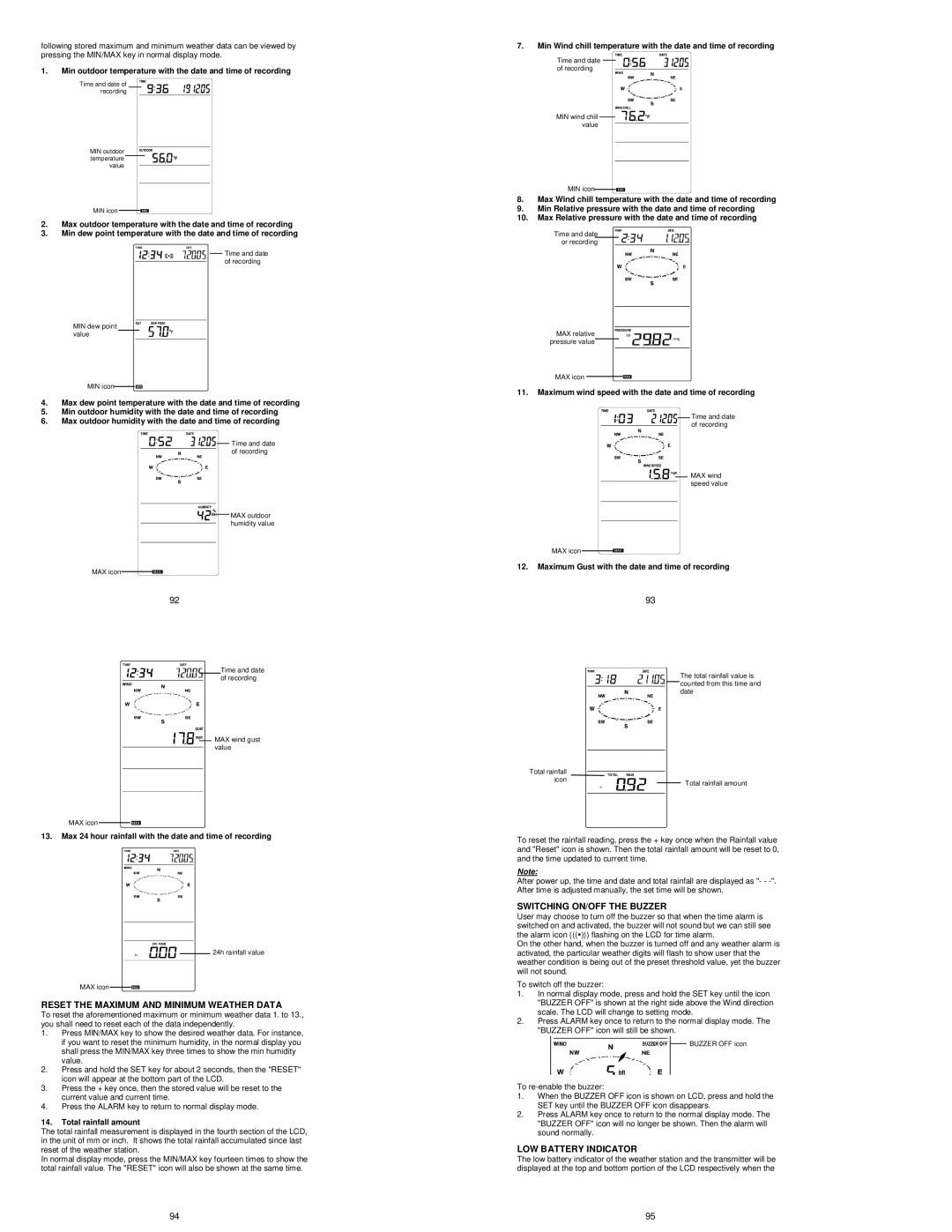 La Crosse Technology WS-1515U-IT instruction manual Reset the Maximum and Minimum Weather Data, Switching ON/OFF the Buzzer 
