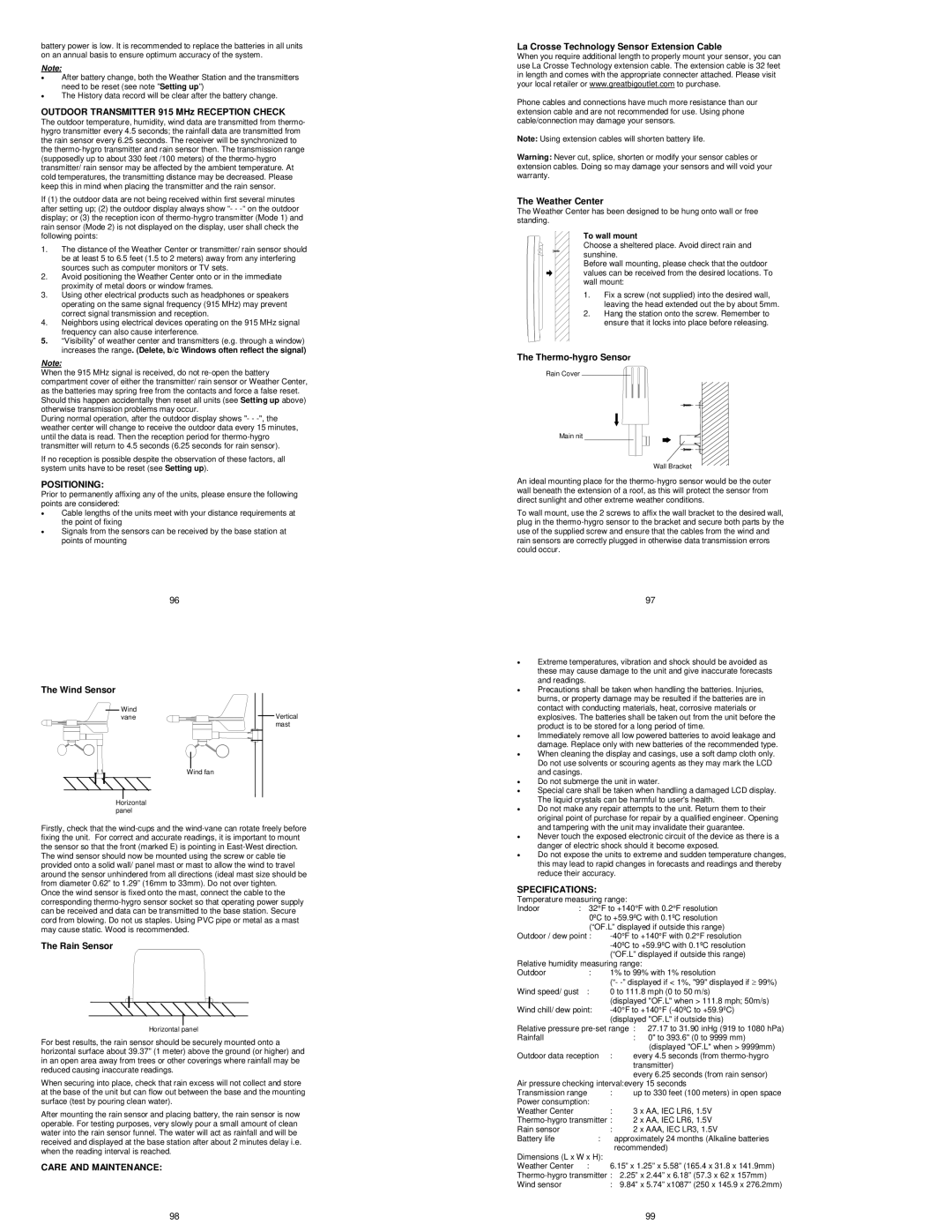 La Crosse Technology WS-1515U-IT instruction manual Positioning, Care and Maintenance, Specifications 