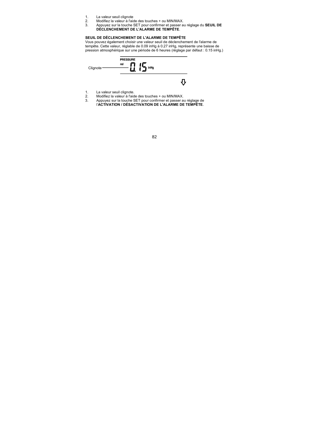 La Crosse Technology WS-1610TWC-IT quick setup manual Seuil DE Déclenchement DE Lalarme DE Tempête 