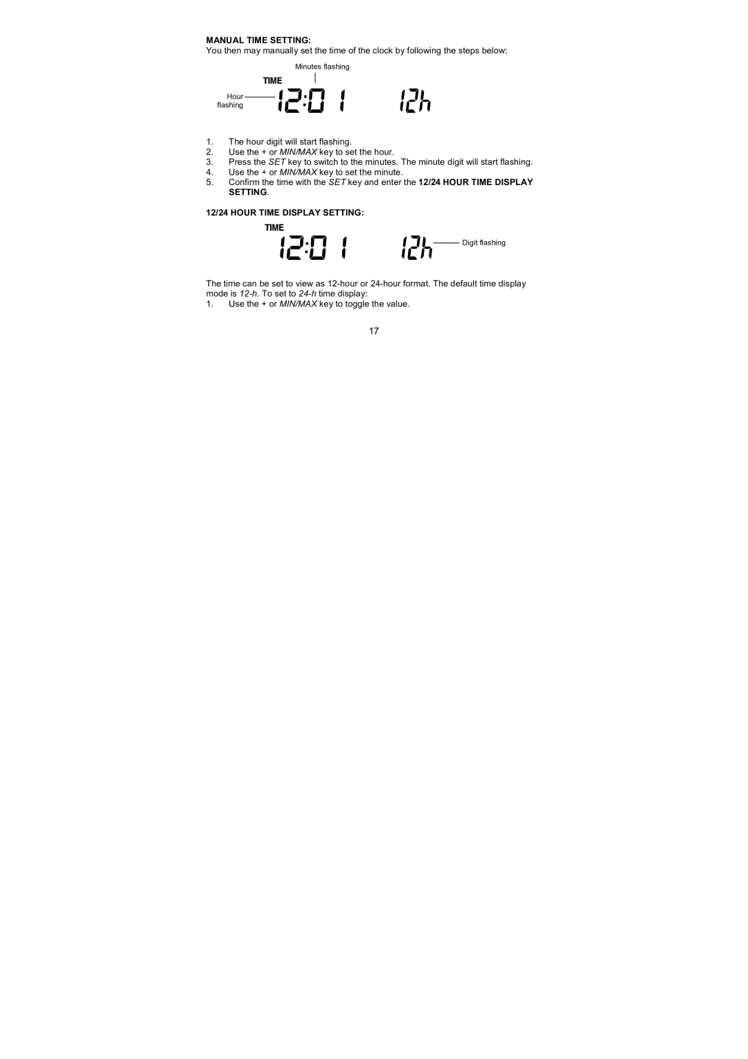 La Crosse Technology WS-1610TWC-IT quick setup manual Manual Time Setting, 12/24 Hour Time Display Setting 