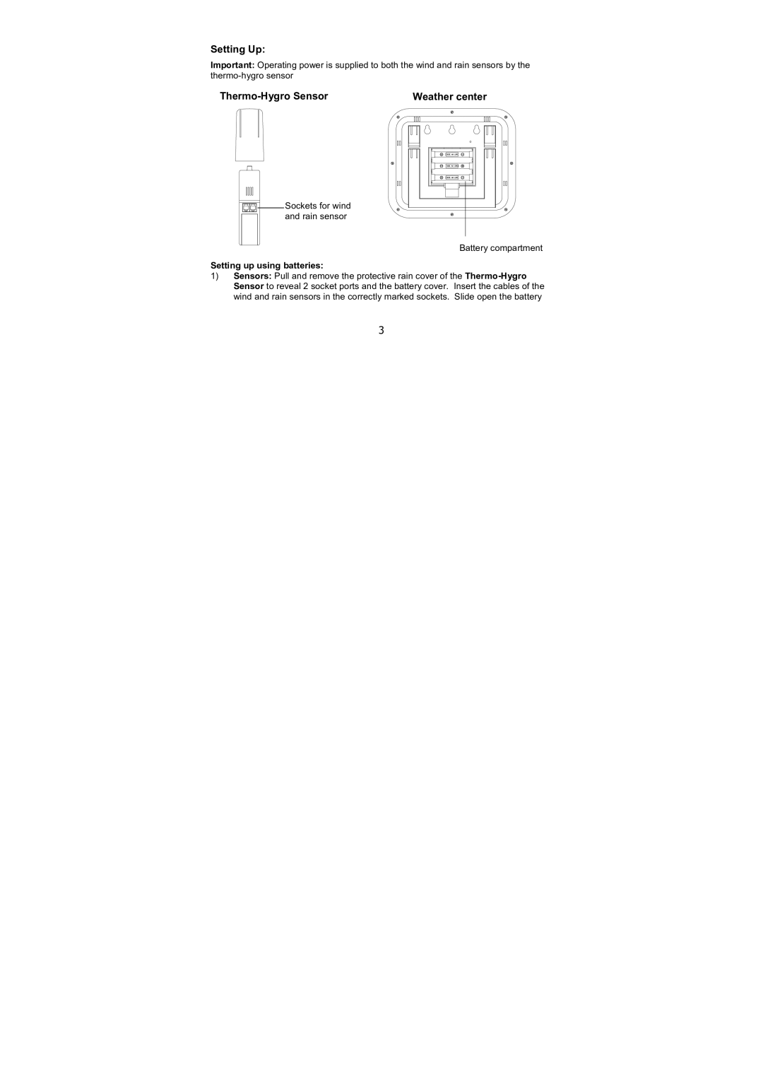 La Crosse Technology WS-1610TWC-IT quick setup manual Setting Up, Thermo-Hygro Sensor Weather center 