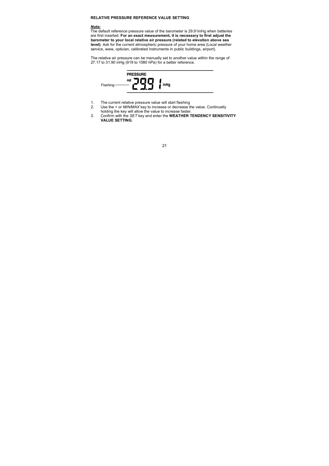 La Crosse Technology WS-1610TWC-IT quick setup manual Relative Pressure Reference Value Setting 