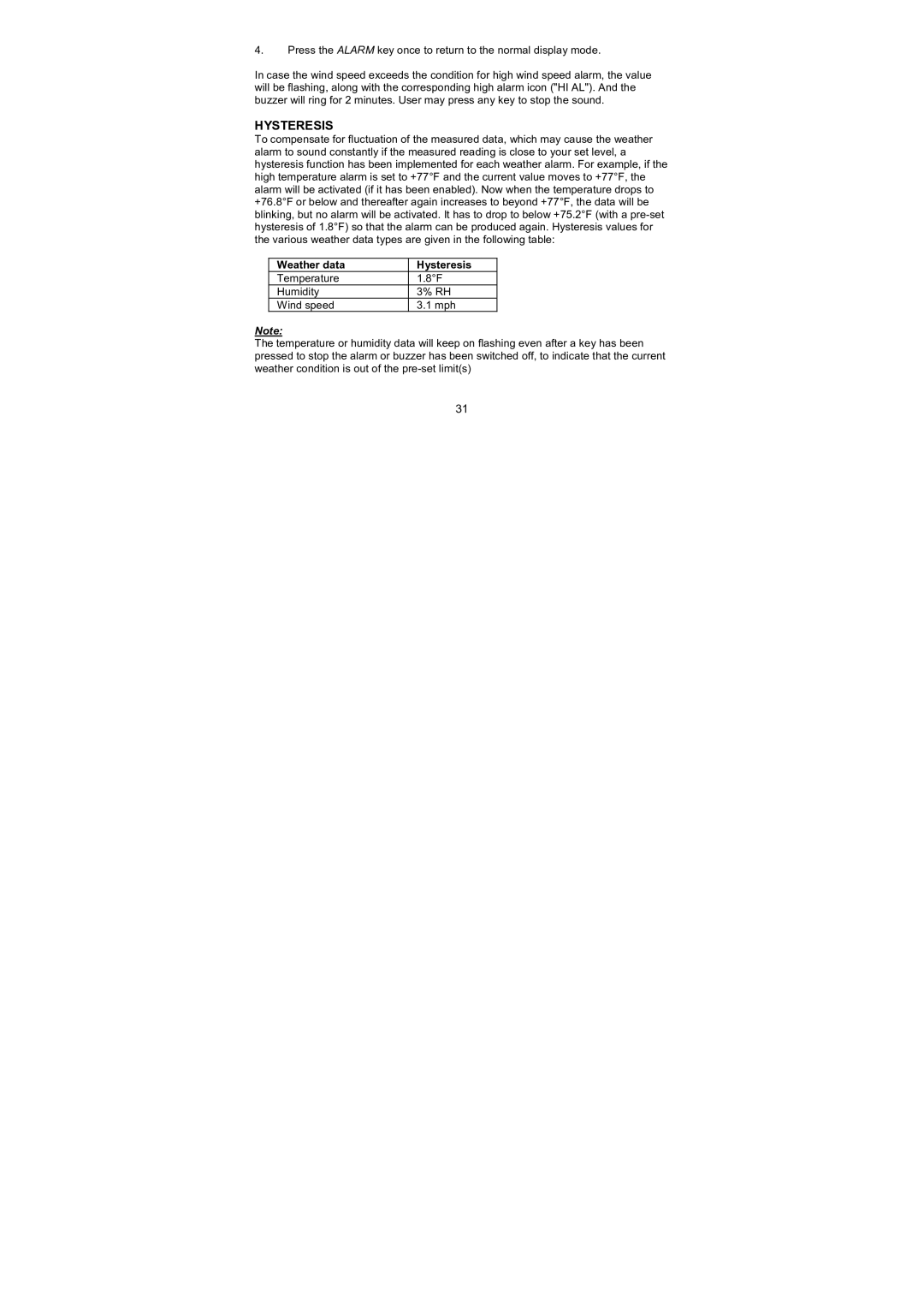 La Crosse Technology WS-1610TWC-IT quick setup manual Hysteresis 