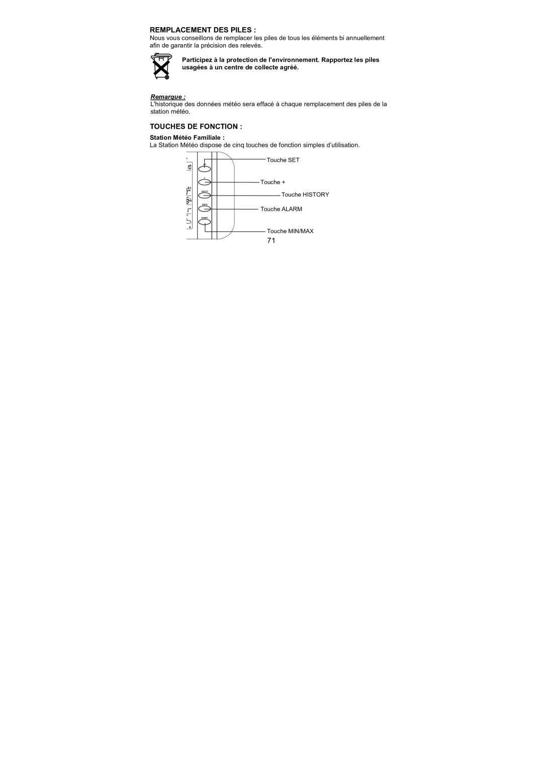 La Crosse Technology WS-1610TWC-IT quick setup manual Remplacement DES Piles, Touches DE Fonction 