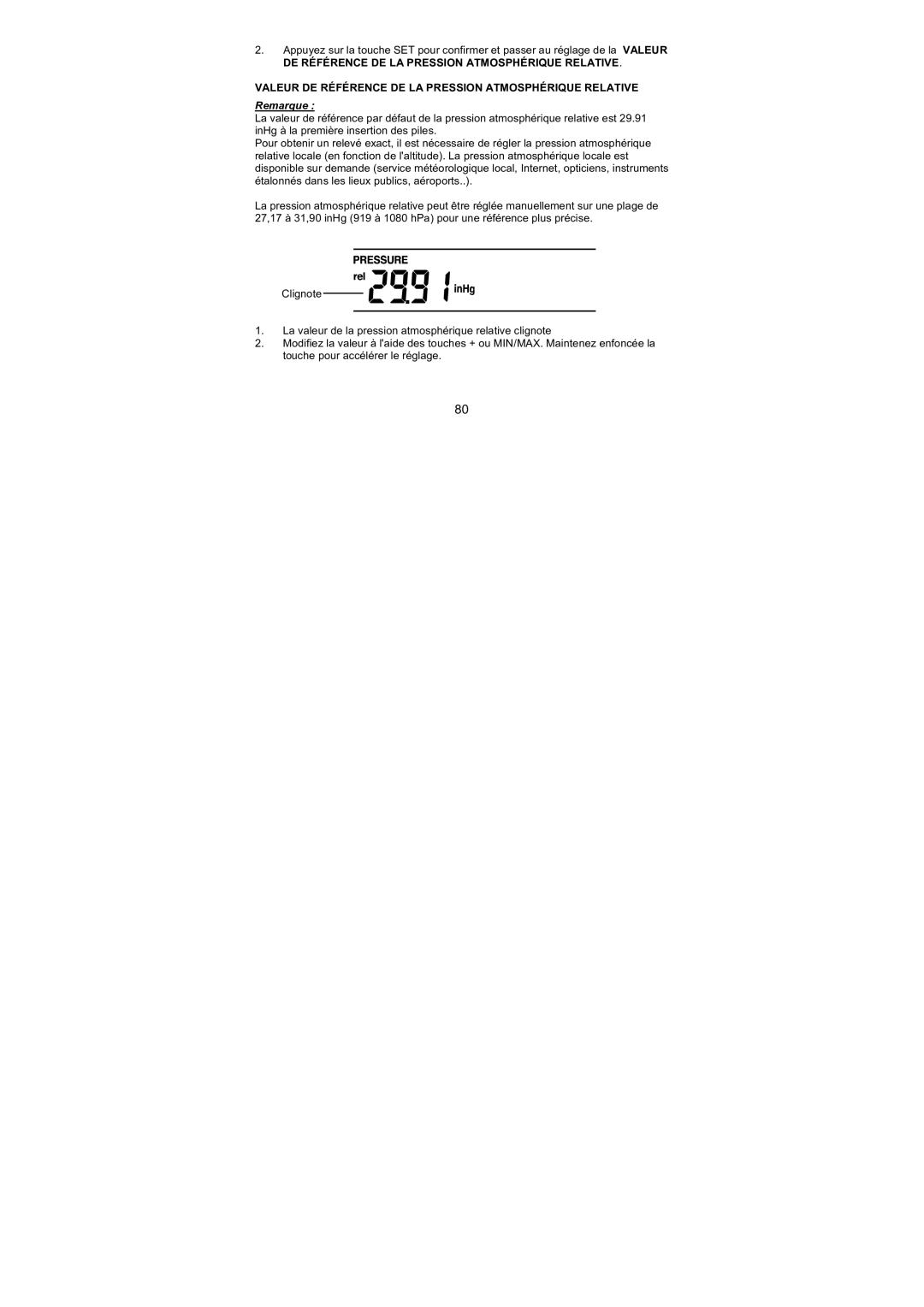 La Crosse Technology WS-1610TWC-IT quick setup manual Valeur DE Référence DE LA Pression Atmosphérique Relative 