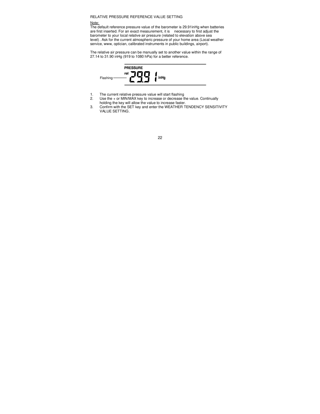 La Crosse Technology WS-1612 operation manual Relative Pressure Reference Value Setting 