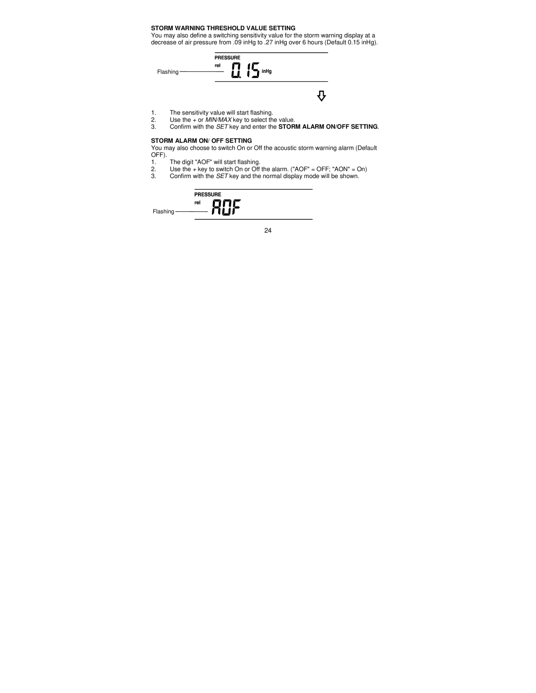 La Crosse Technology WS-1612 operation manual Storm Warning Threshold Value Setting, Storm Alarm ON/ OFF Setting 