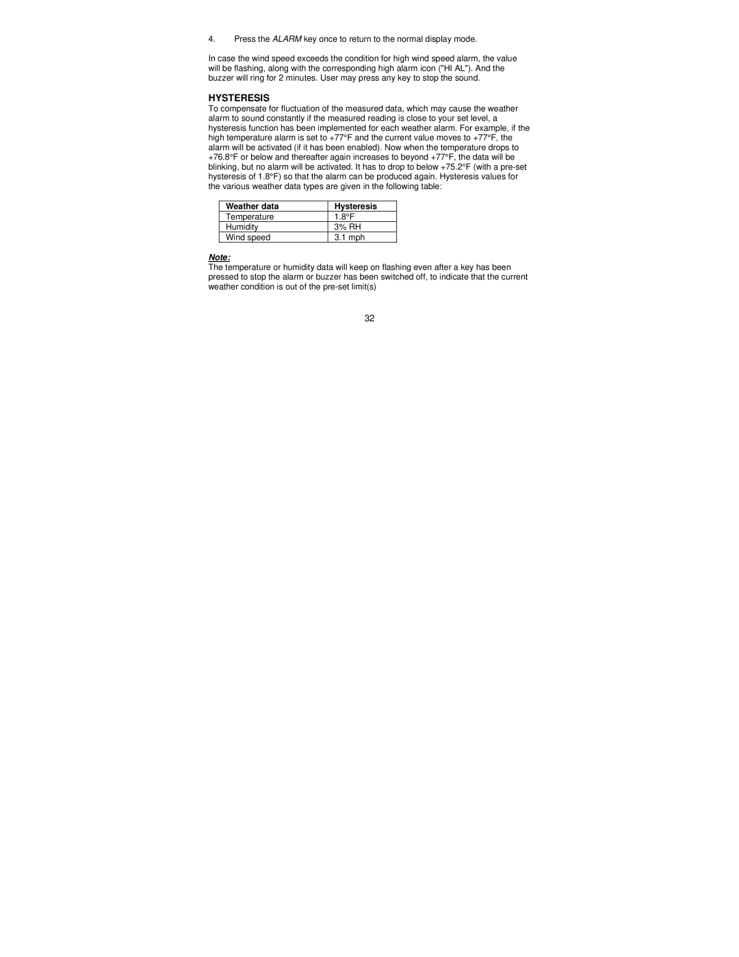 La Crosse Technology WS-1612 operation manual Weather data Hysteresis 