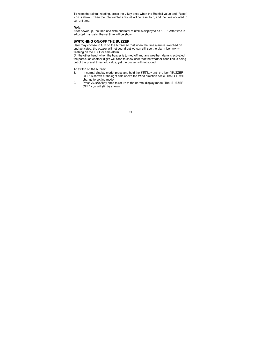 La Crosse Technology WS-1612 operation manual Switching ON/OFF the Buzzer 