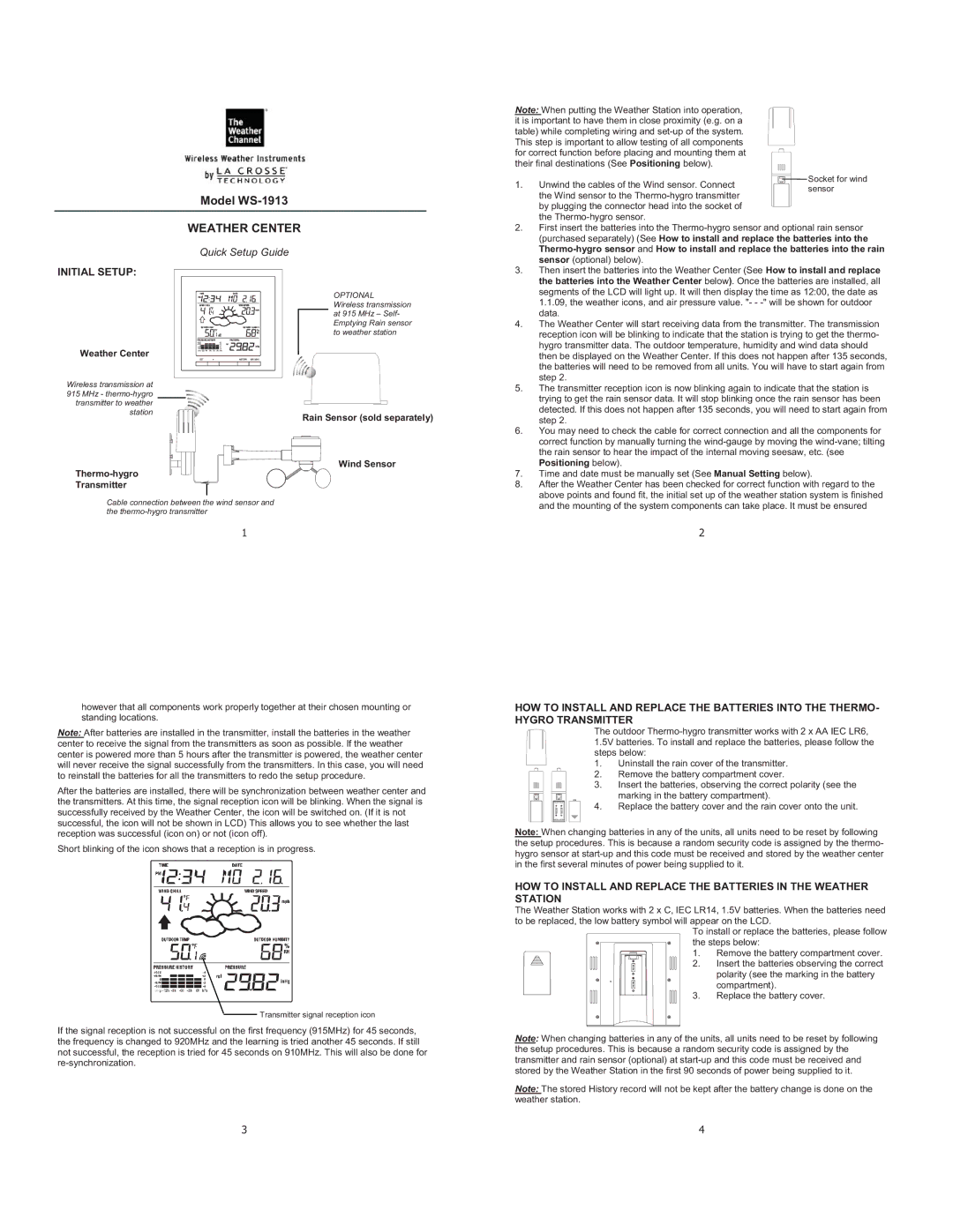 La Crosse Technology WS-1913 setup guide Weather Center, Initial Setup, Quick Setup Guide 