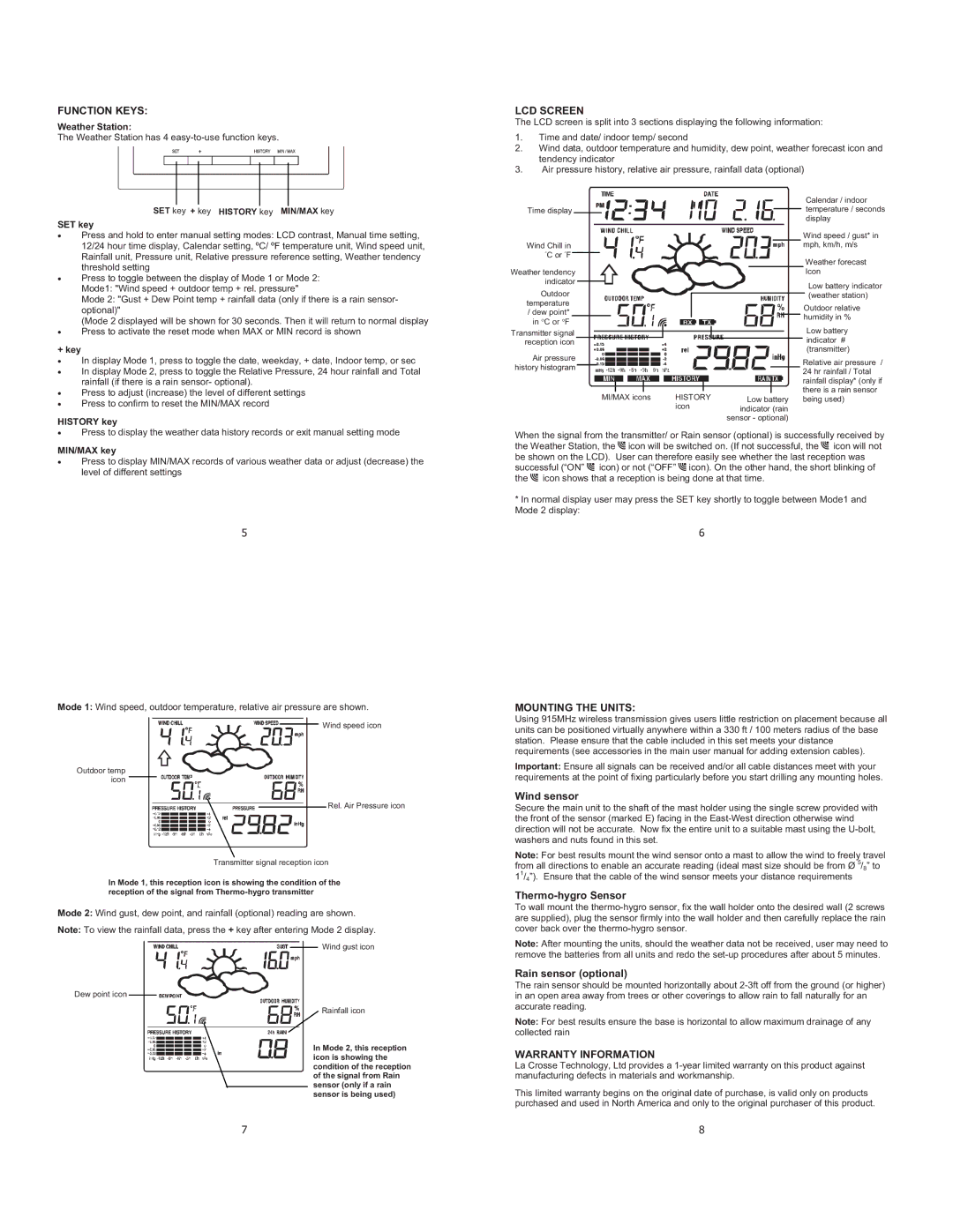 La Crosse Technology WS-1913 setup guide Function Keys, LCD Screen, Mounting the Units, Warranty Information 