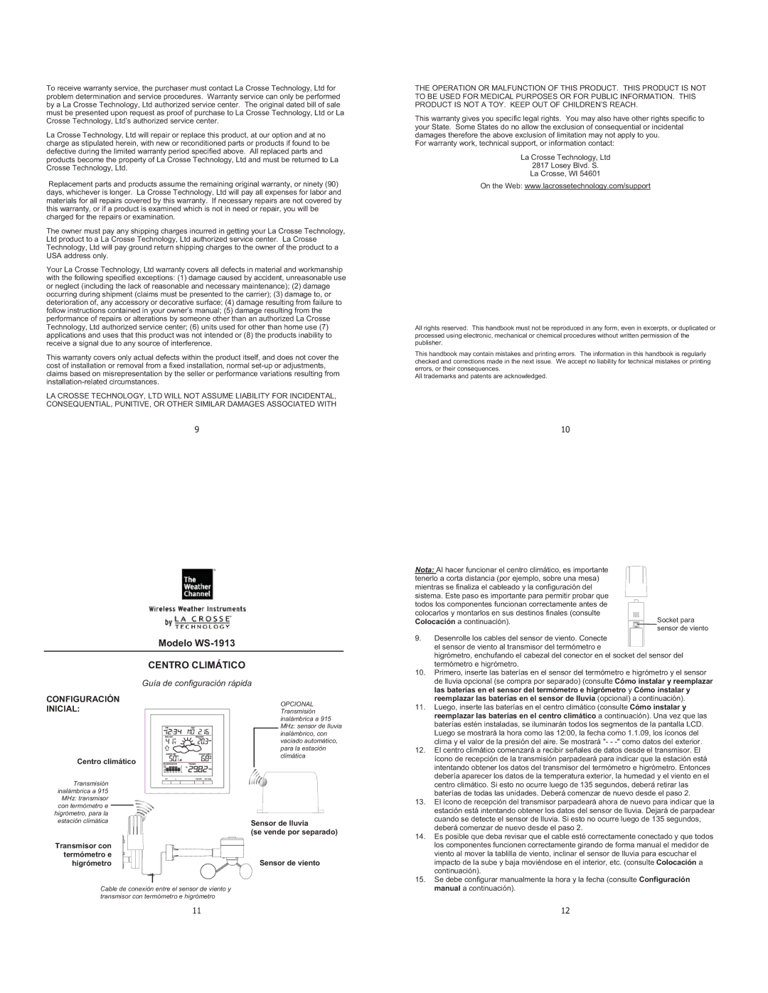 La Crosse Technology WS-1913 setup guide Centro Climático, Guía de configuración rápida, Configuración Inicial 