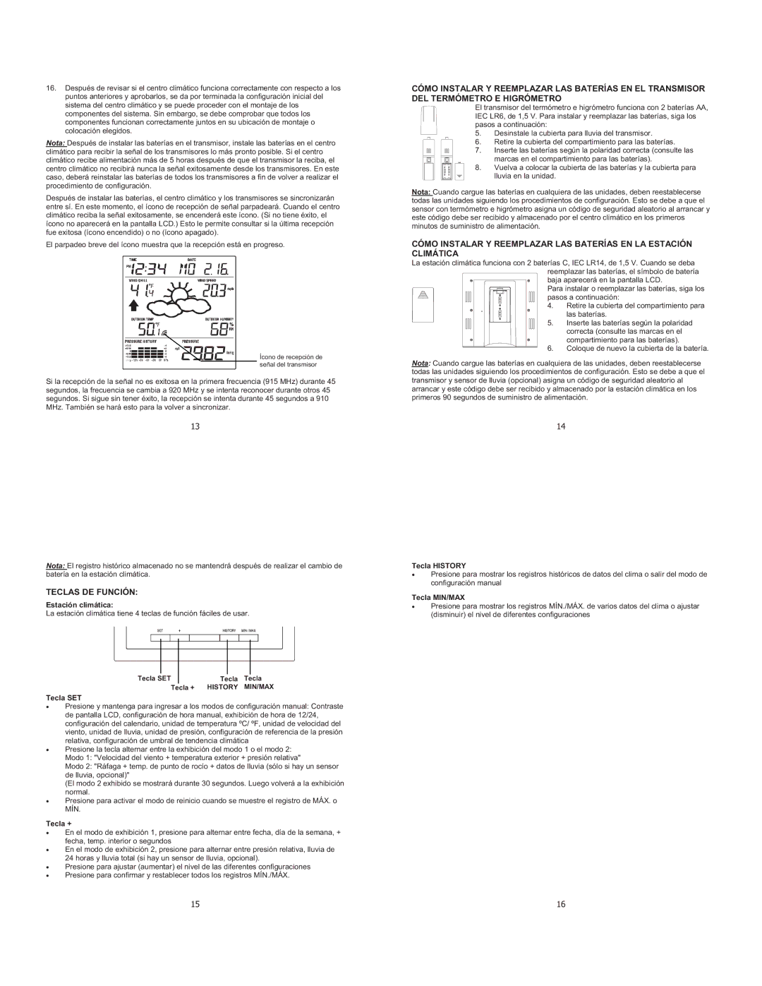 La Crosse Technology WS-1913 setup guide Teclas DE Función 