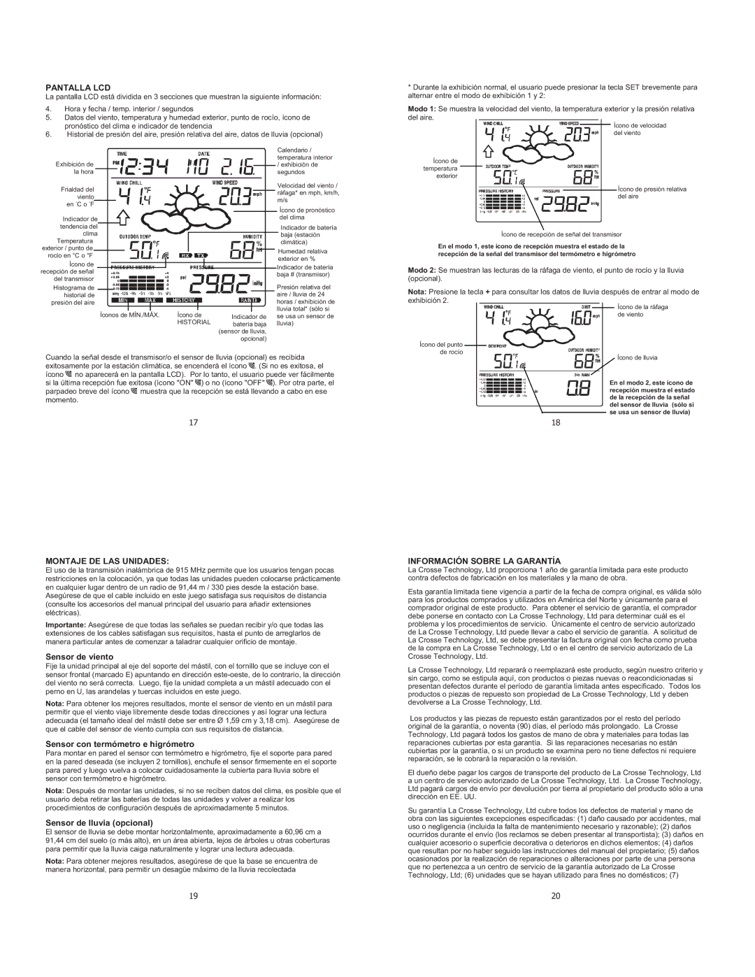 La Crosse Technology WS-1913 setup guide Pantalla LCD, Montaje DE LAS Unidades, Información Sobre LA Garantía 