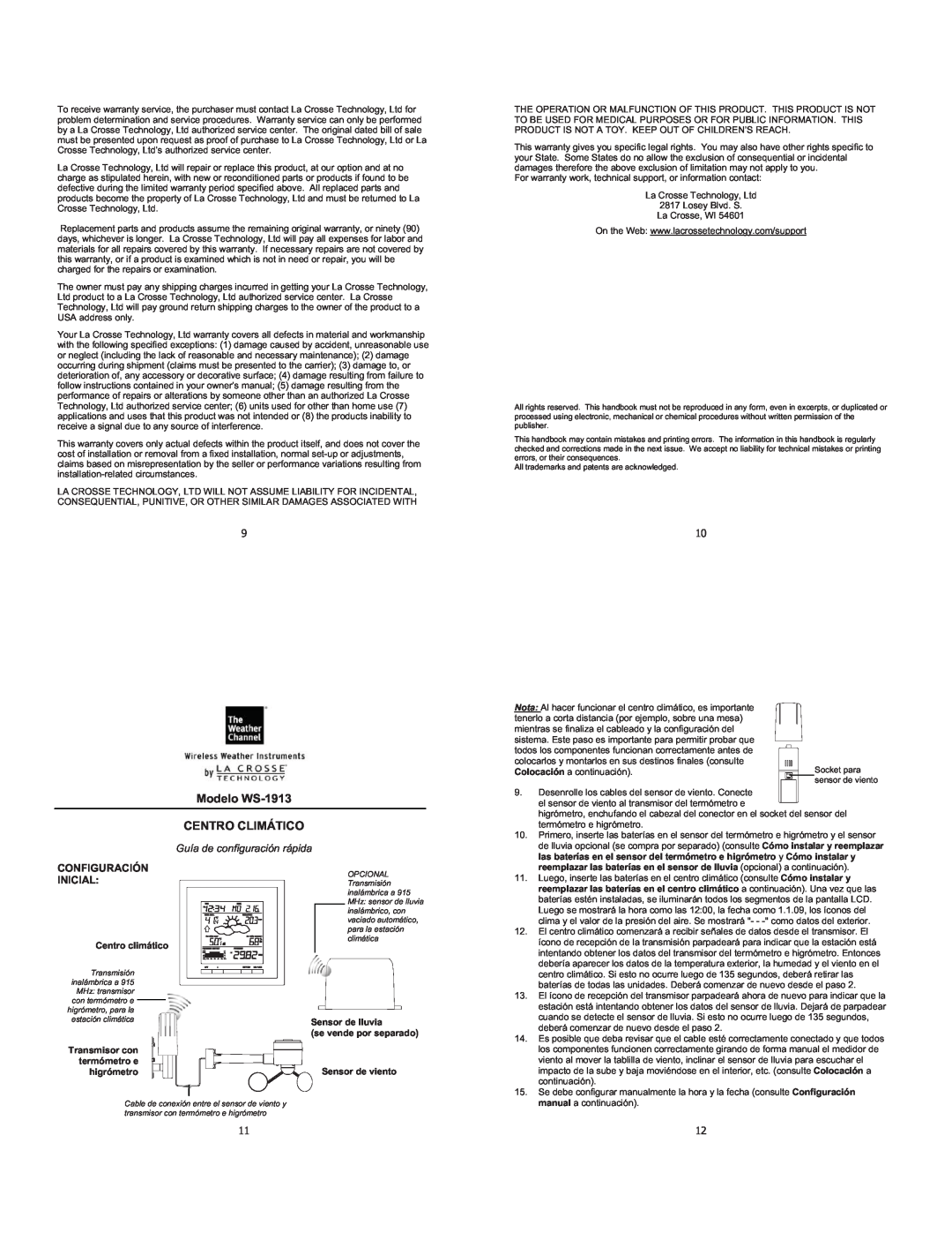 La Crosse Technology setup guide Modelo WS-1913 CENTRO CLIMÁTICO, Guía de configuración rápida, Configuración Inicial 