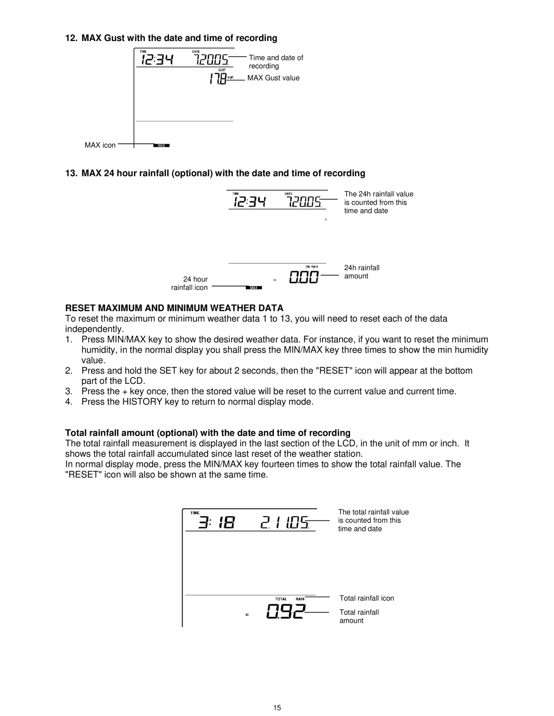 La Crosse Technology WS-1913U-IT MAX Gust with the date and time of recording, Reset Maximum and Minimum Weather Data 