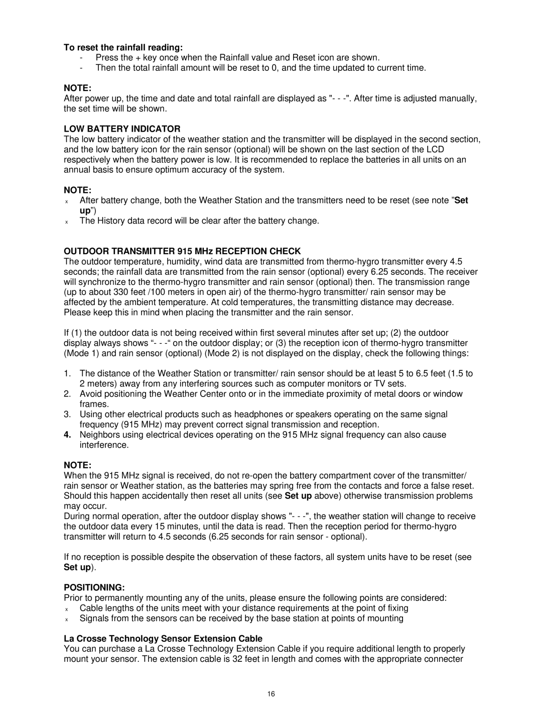 La Crosse Technology WS-1913U-IT manual To reset the rainfall reading, LOW Battery Indicator, Positioning 