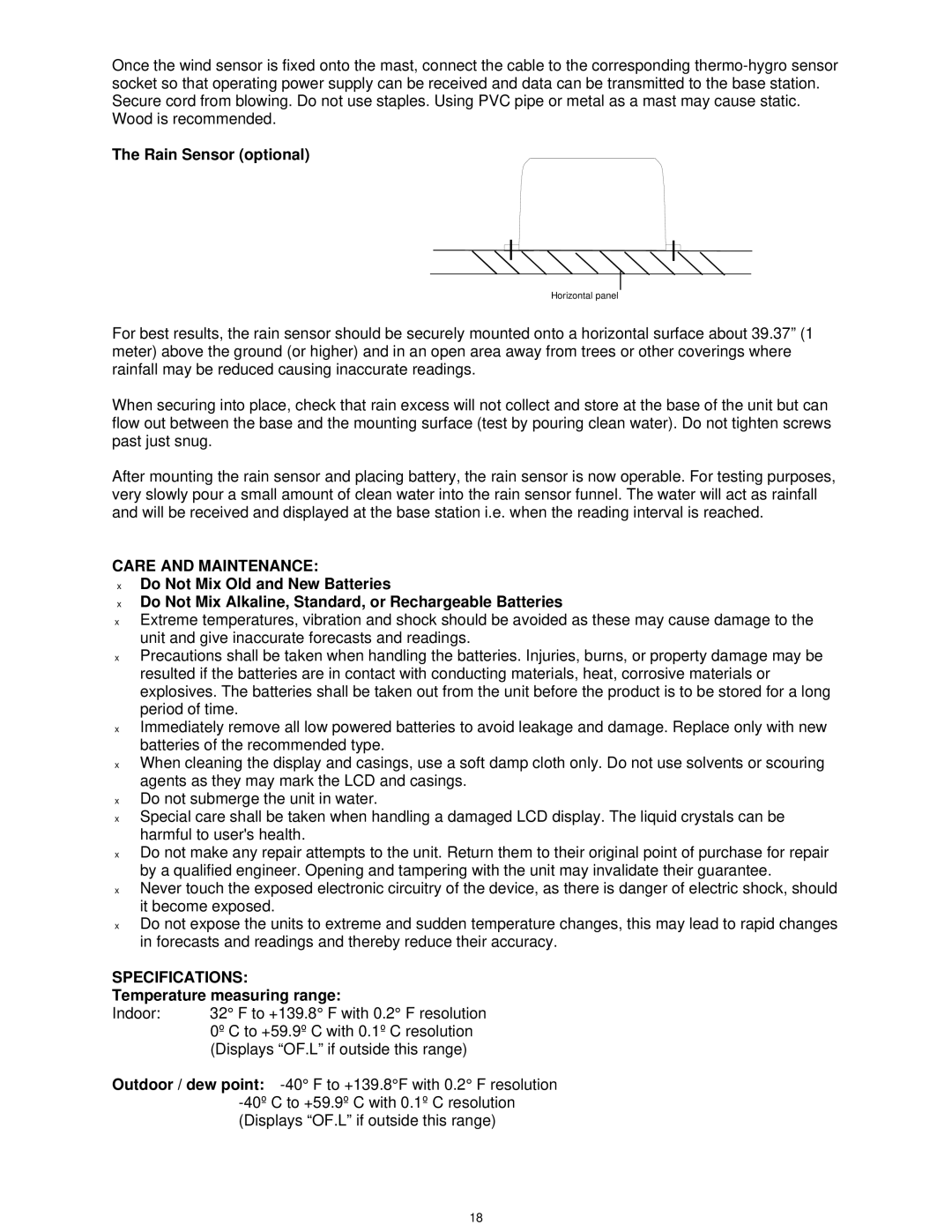 La Crosse Technology WS-1913U-IT Rain Sensor optional, Care and Maintenance, Specifications, Temperature measuring range 
