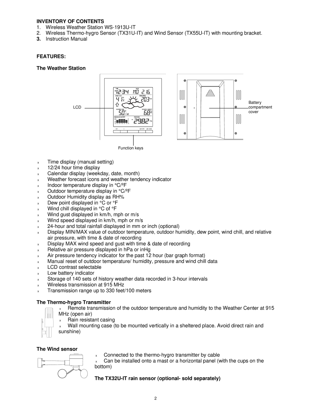 La Crosse Technology WS-1913U-IT manual Inventory of Contents, Features 