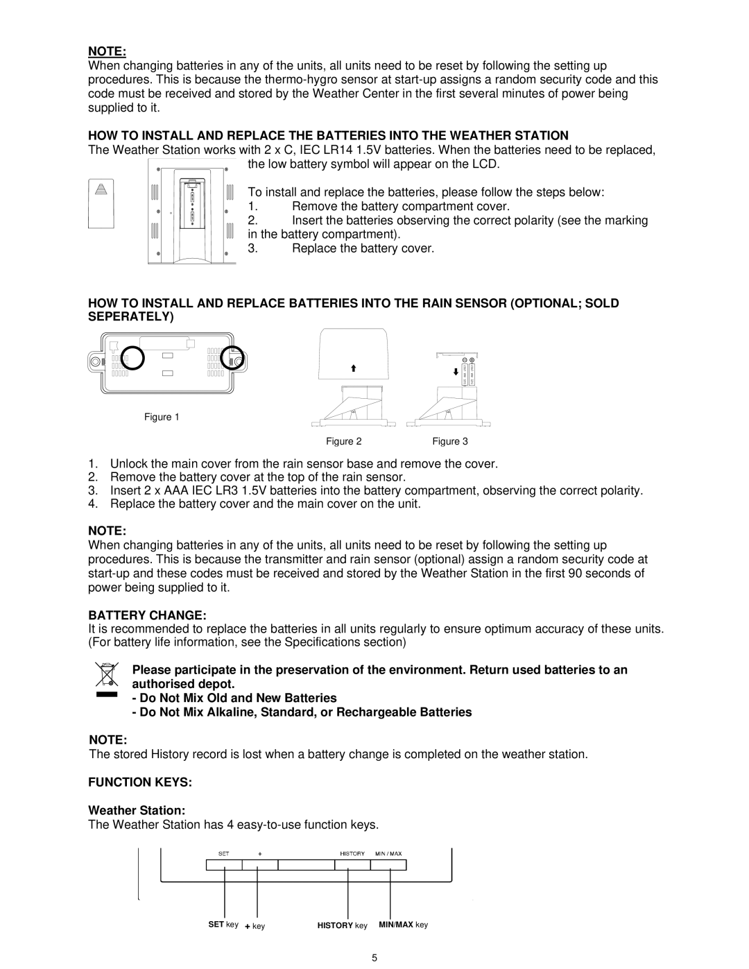 La Crosse Technology WS-1913U-IT manual Battery Change, Function Keys 