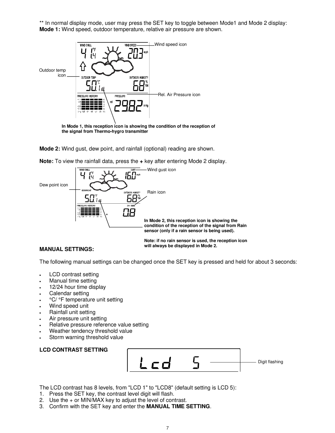 La Crosse Technology WS-1913U-IT manual Manual Settings, LCD Contrast Setting 