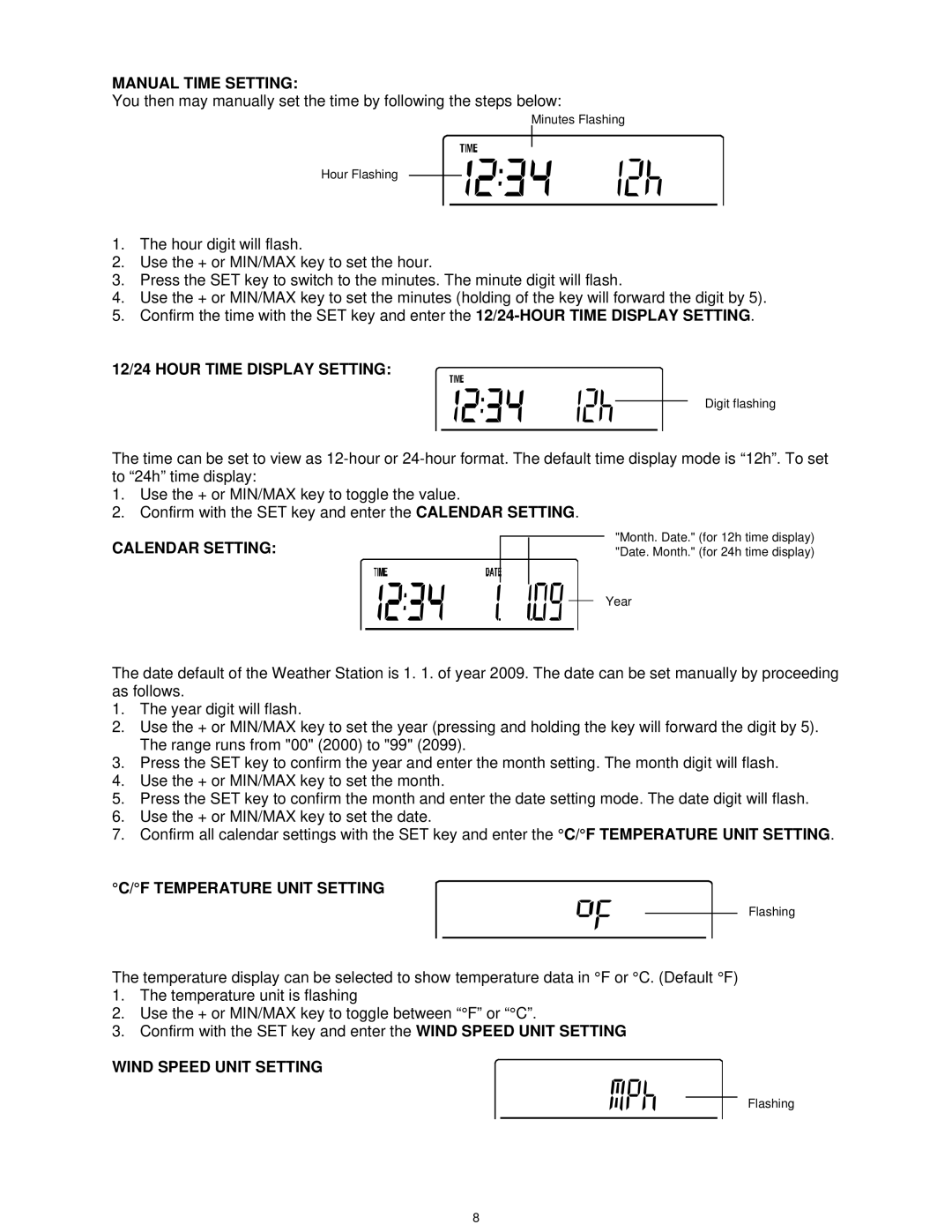 La Crosse Technology WS-1913U-IT manual Manual Time Setting, 12/24 Hour Time Display Setting, Calendar Setting 