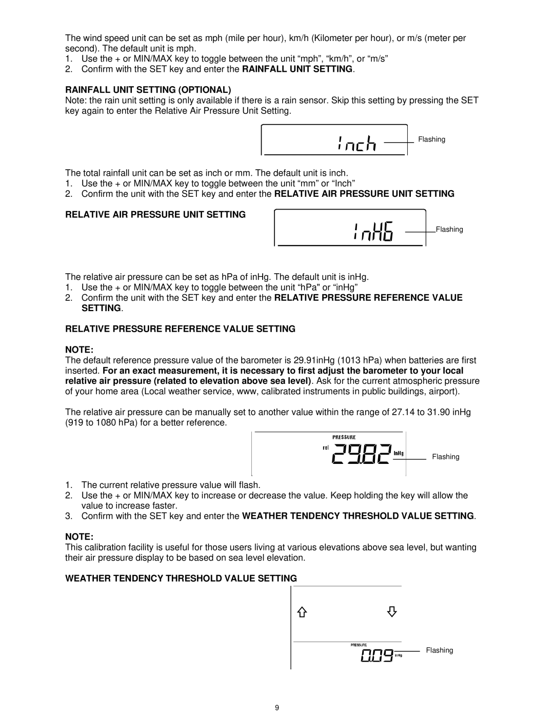 La Crosse Technology WS-1913U-IT manual Rainfall Unit Setting Optional, Relative AIR Pressure Unit Setting 
