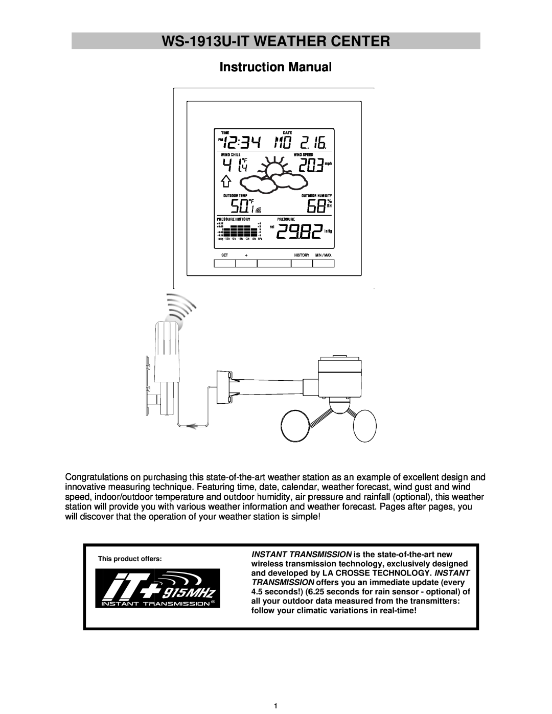 La Crosse Technology manual WS-1913U-IT WEATHER CENTER, Instruction Manual 