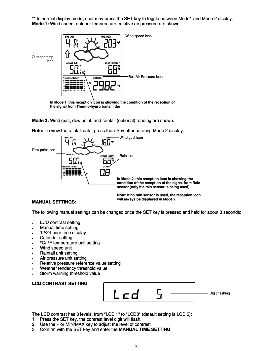 La Crosse Technology WS-1913U-IT manual Manual Settings, Lcd Contrast Setting 