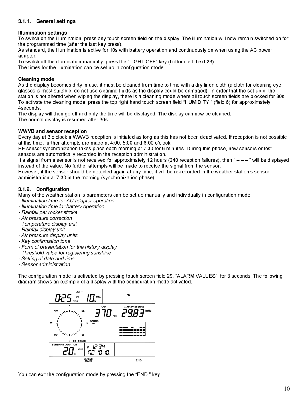 La Crosse Technology WS-2510 manual General settings Illumination settings, Cleaning mode, Wwvb and sensor reception 