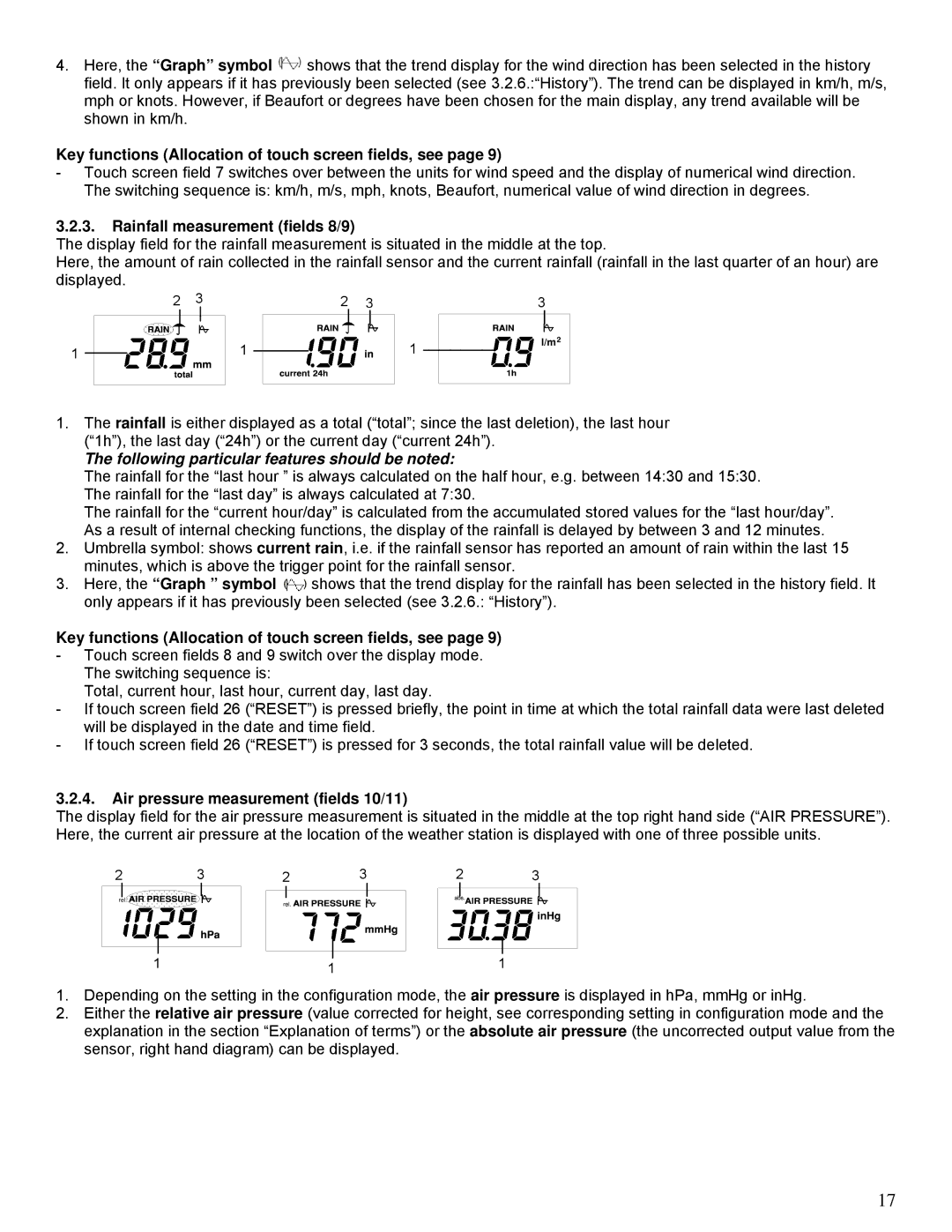 La Crosse Technology WS-2510 manual Rainfall measurement fields 8/9, Air pressure measurement fields 10/11 