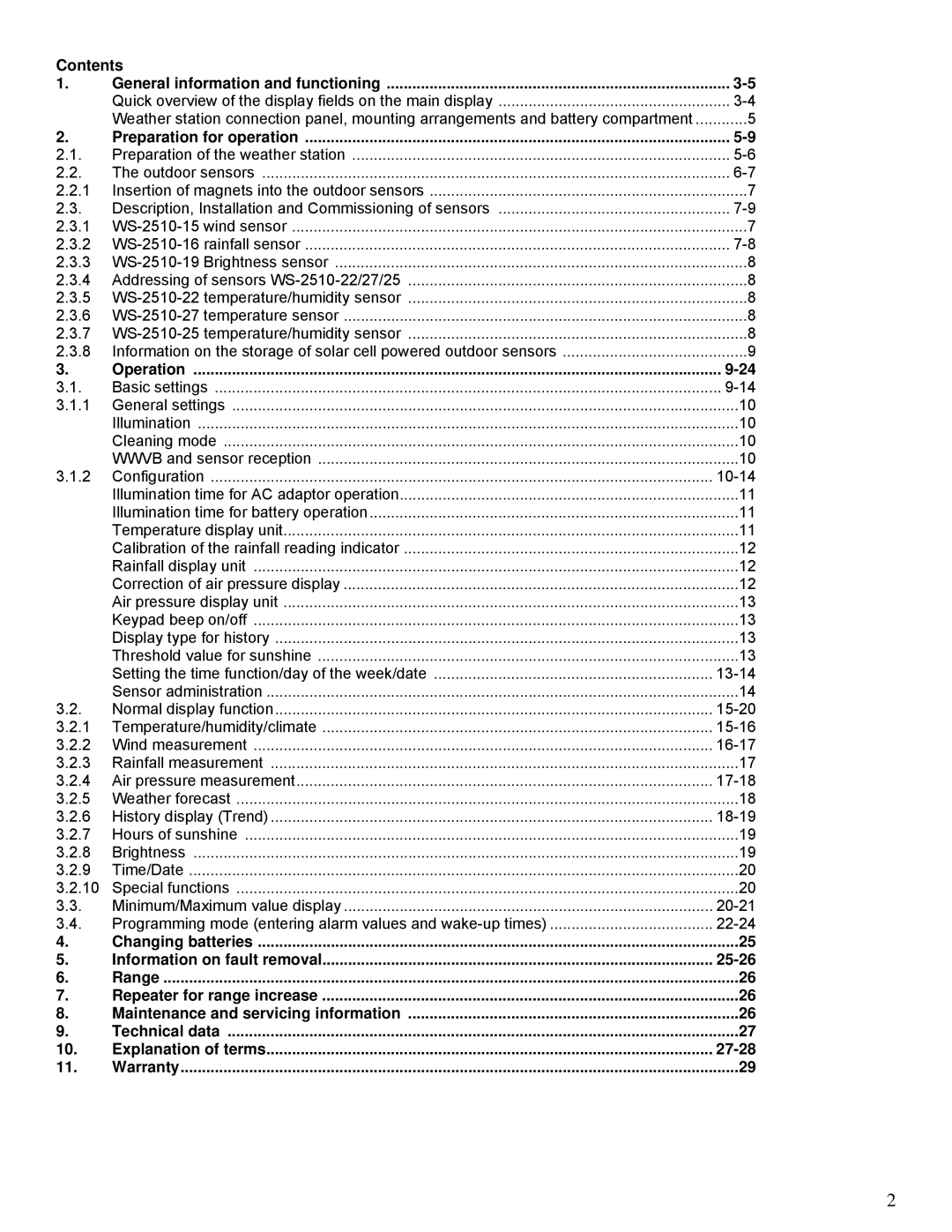 La Crosse Technology WS-2510 manual Contents, 25-26, 27-28 