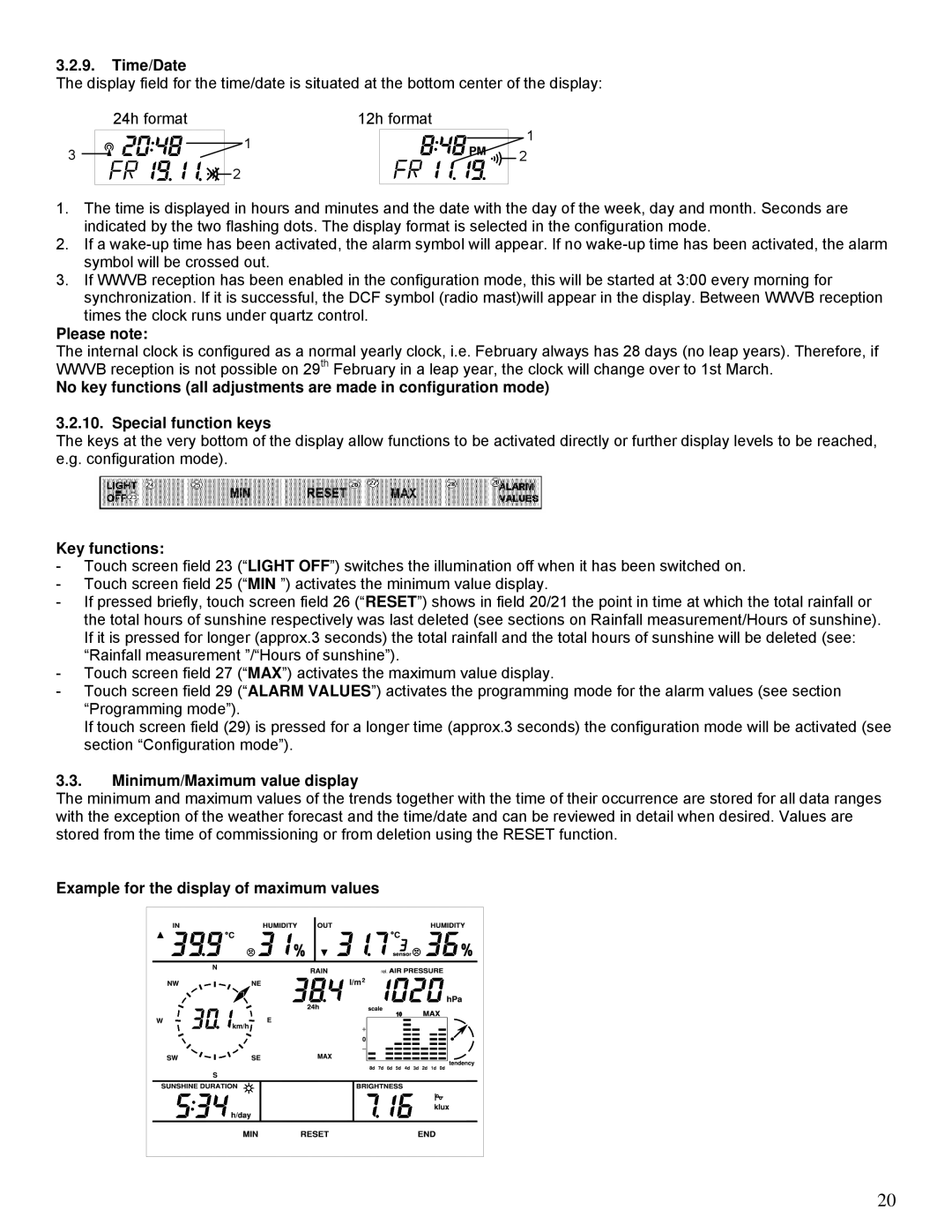 La Crosse Technology WS-2510 manual Time/Date, Key functions, Minimum/Maximum value display 