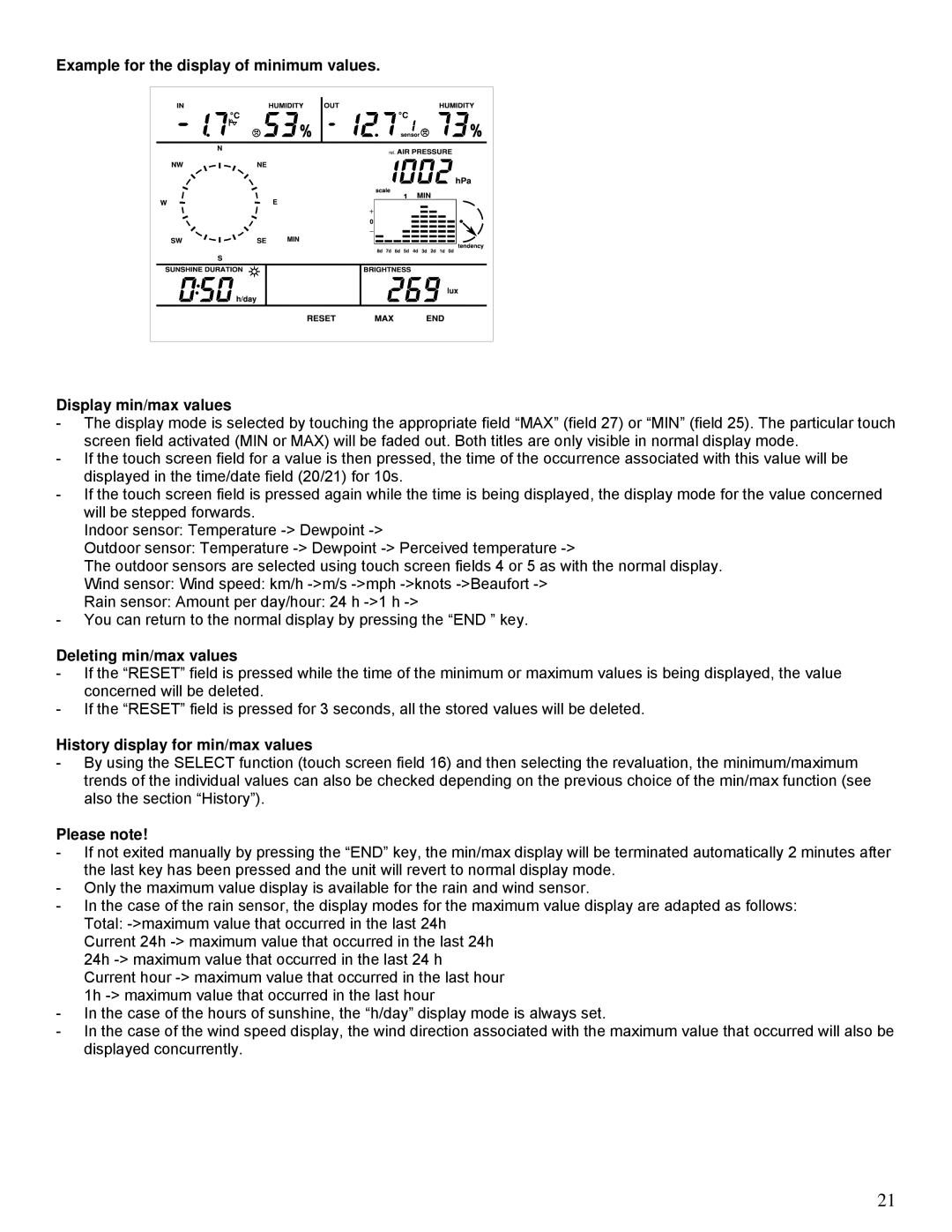 La Crosse Technology WS-2510 manual Deleting min/max values, History display for min/max values 