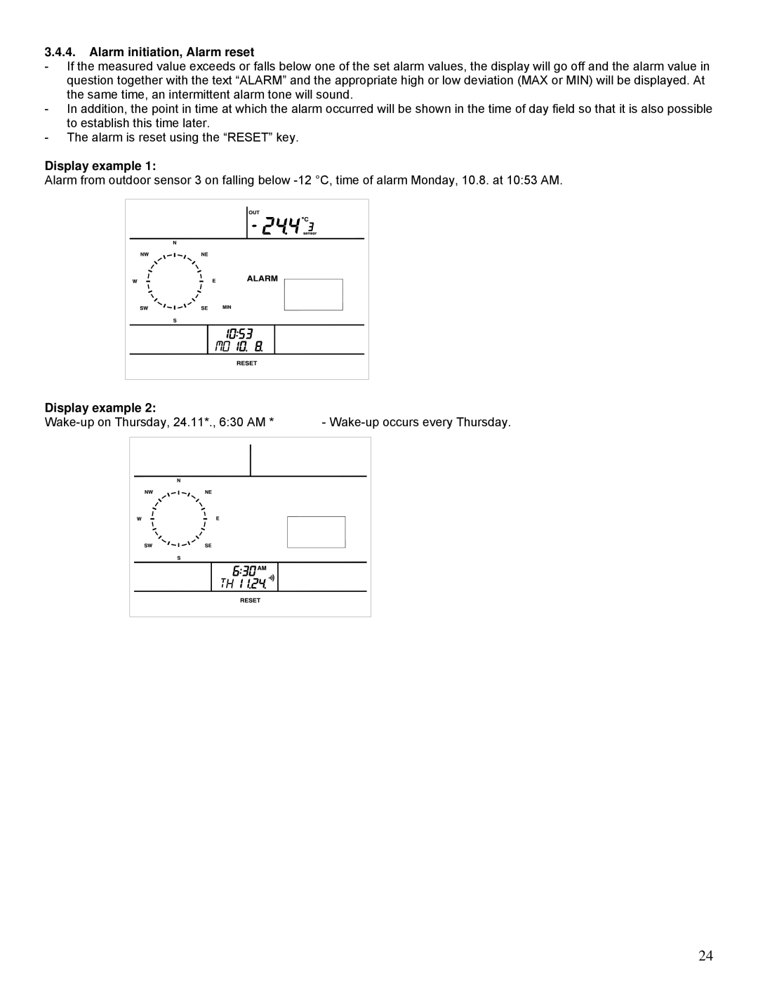 La Crosse Technology WS-2510 manual Alarm initiation, Alarm reset, Display example 