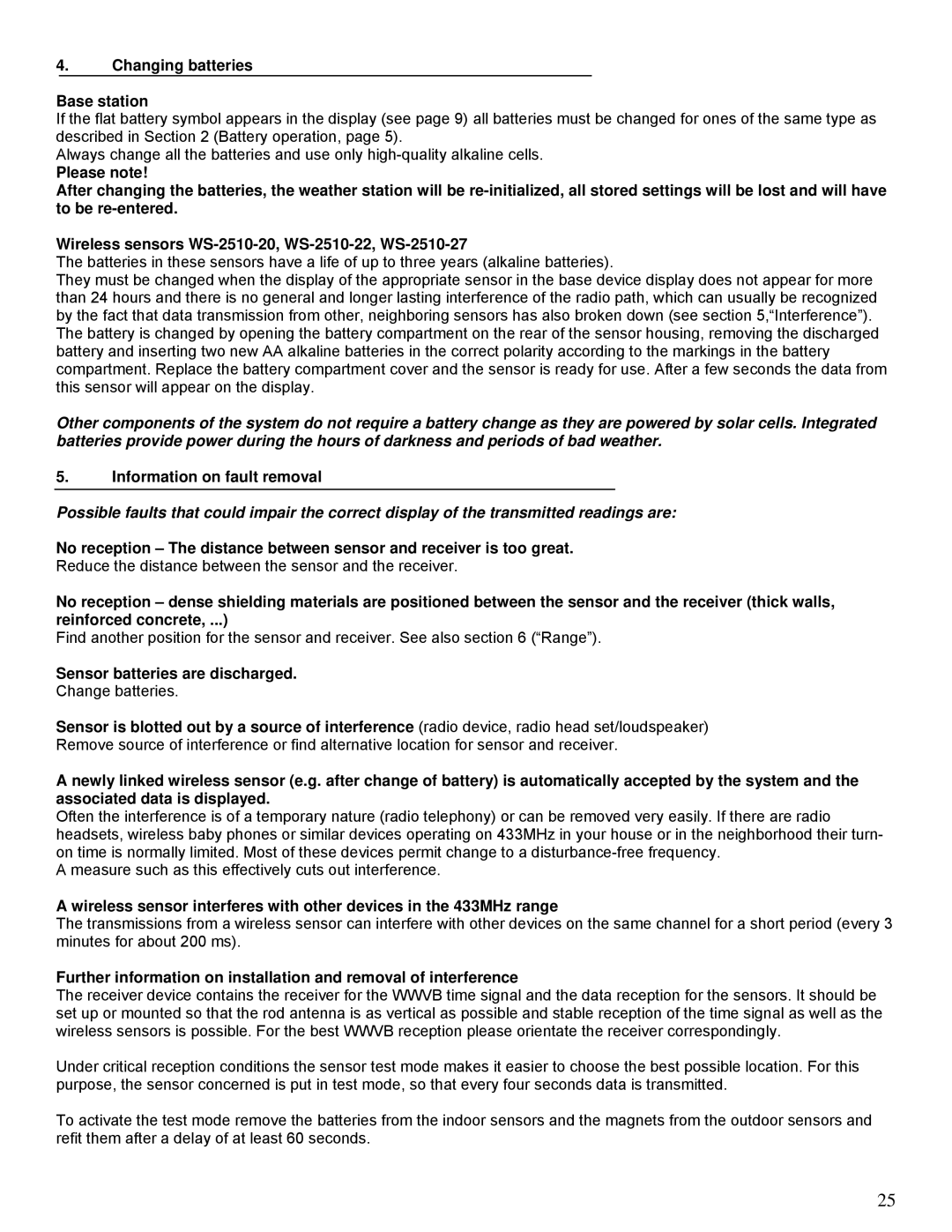 La Crosse Technology WS-2510 manual Changing batteries Base station, Information on fault removal 