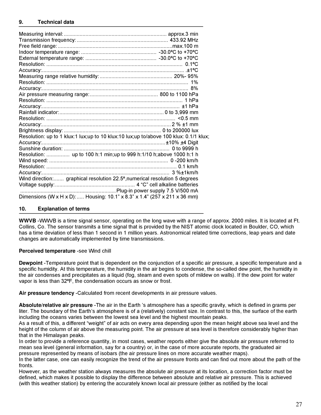 La Crosse Technology WS-2510 manual Technical data, Explanation of terms, Perceived temperature -see Wind chill 