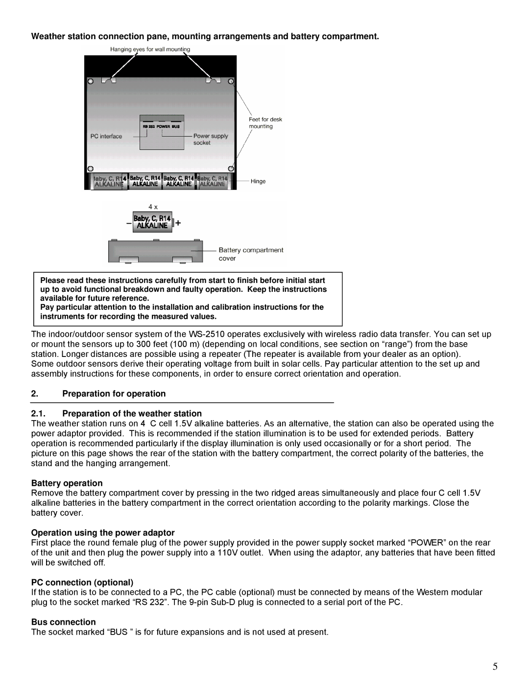 La Crosse Technology WS-2510 Battery operation, Operation using the power adaptor, PC connection optional, Bus connection 