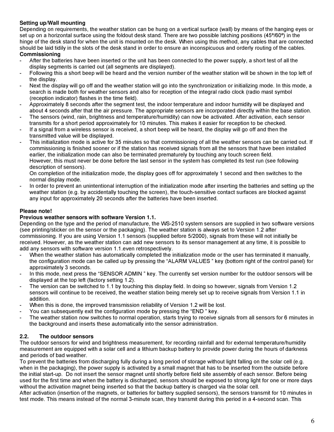 La Crosse Technology WS-2510 manual Setting up/Wall mounting, Commissioning, Outdoor sensors 