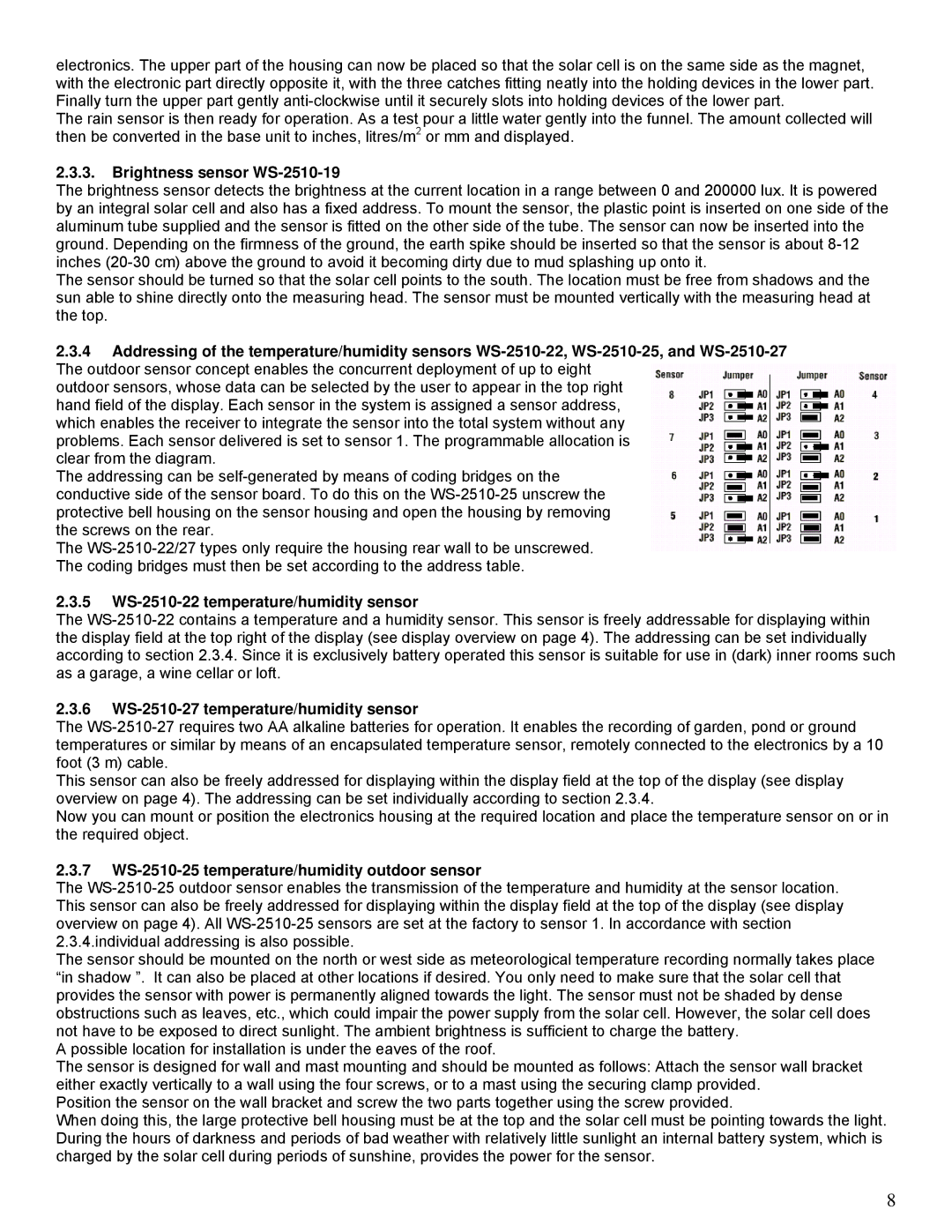 La Crosse Technology manual Brightness sensor WS-2510-19, 5 WS-2510-22 temperature/humidity sensor 