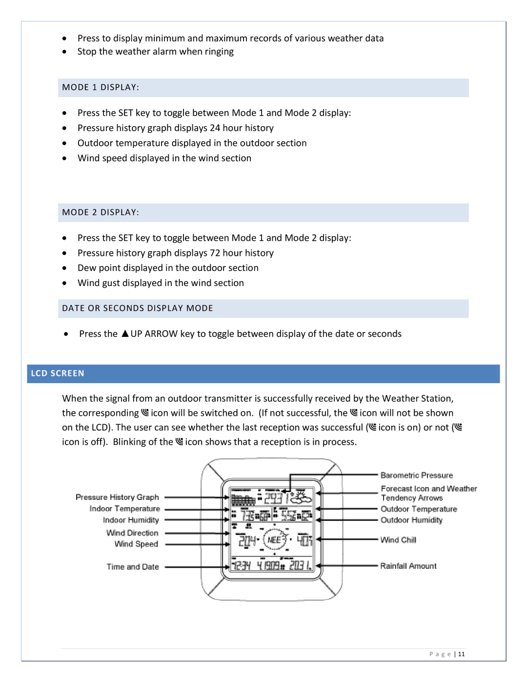 La Crosse Technology WS-2811U-IT manual LCD Screen 