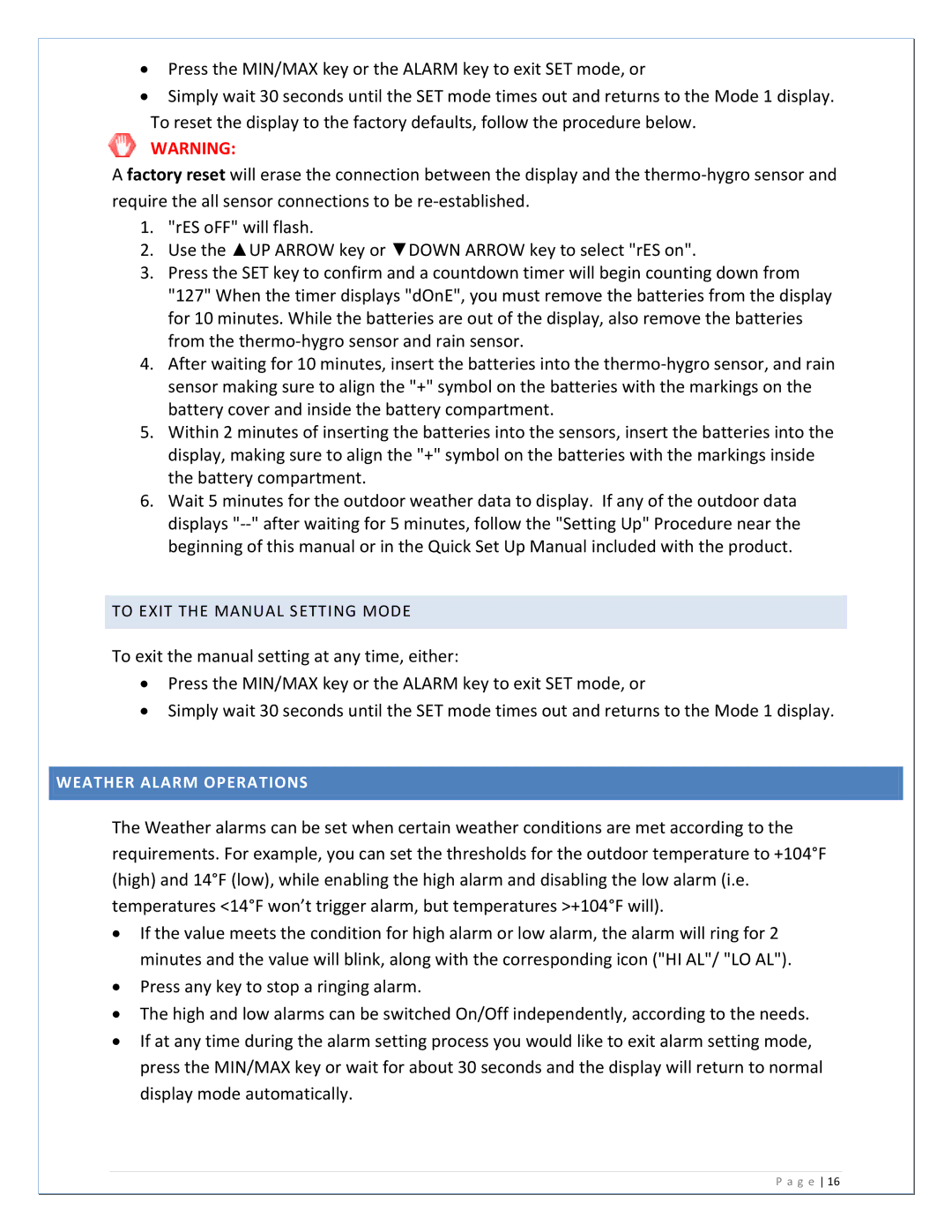 La Crosse Technology WS-2811U-IT manual Weather Alarm Operations 