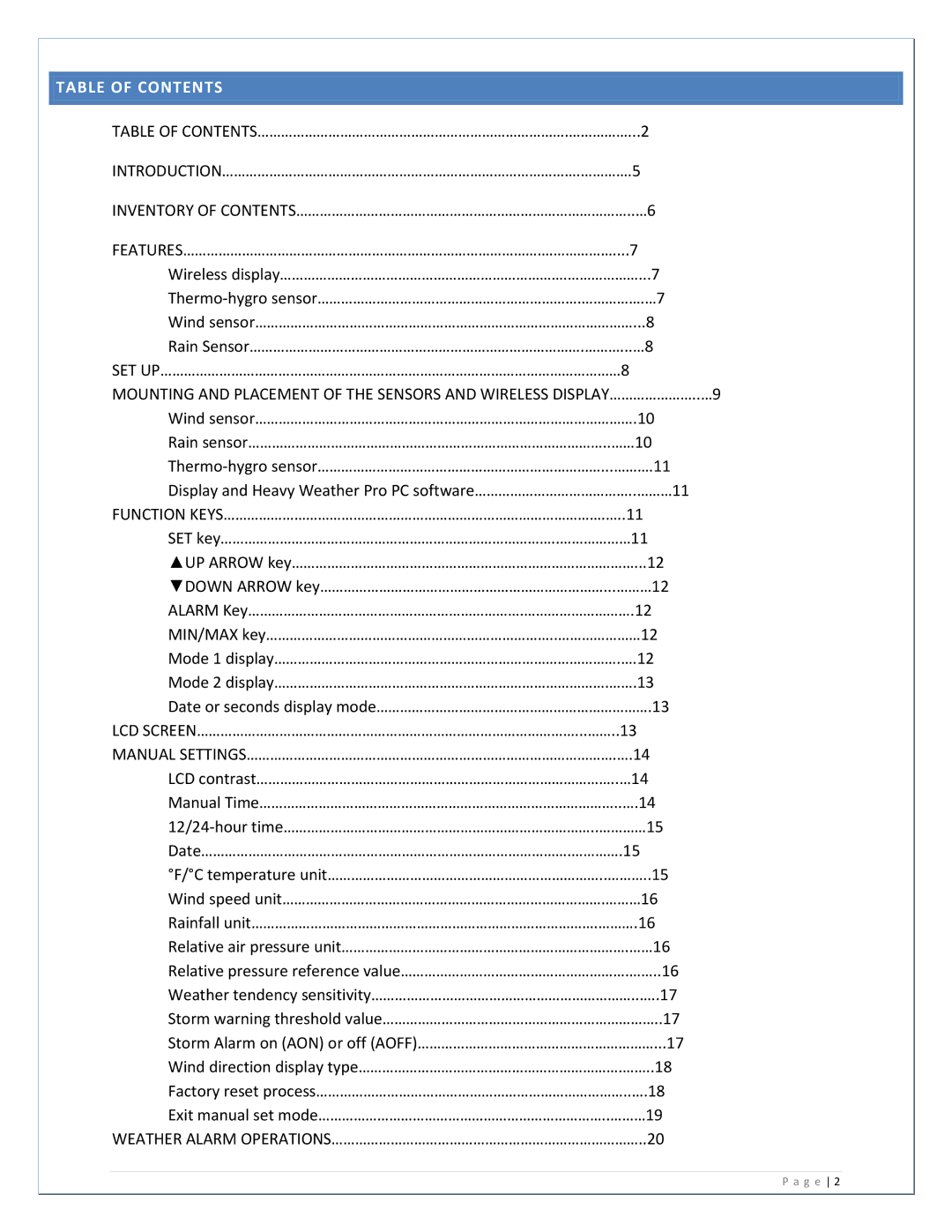 La Crosse Technology WS-2811U-IT manual Table of Contents 